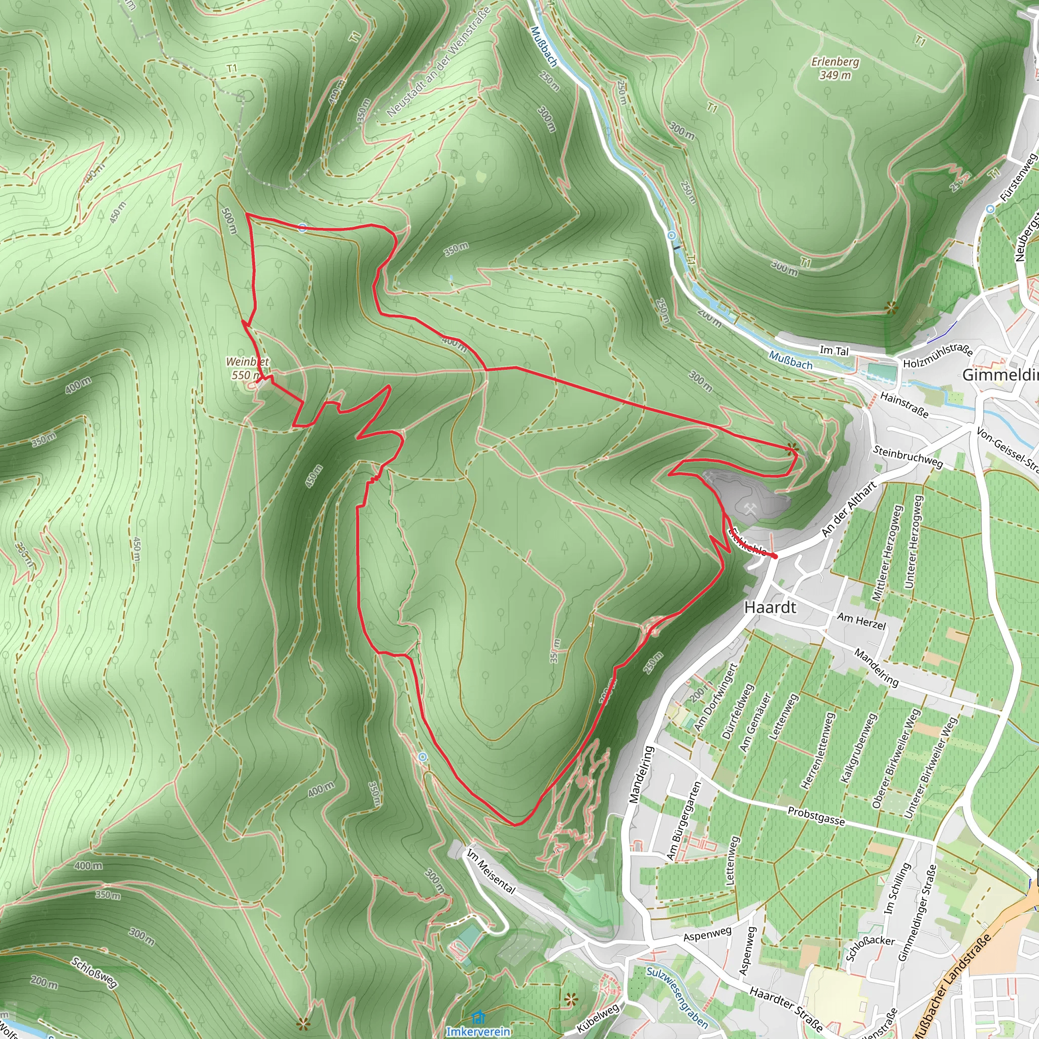 Weinbiet via Pfaelzerwald Wanderweg Blauer Punkt and Saar Pfalz Weg mobile static map