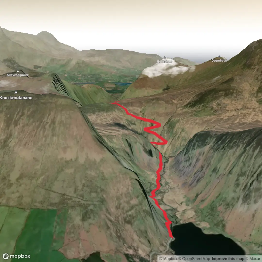 An image depicting the trail Annascaul Lake to Macha Na Bo and its surrounding area.
