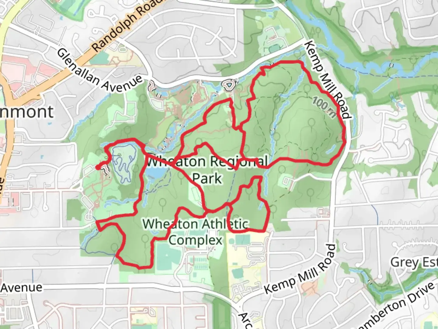 An image depicting the trail Pine Lake - Wheaton Regional Park Loop and its surrounding area.