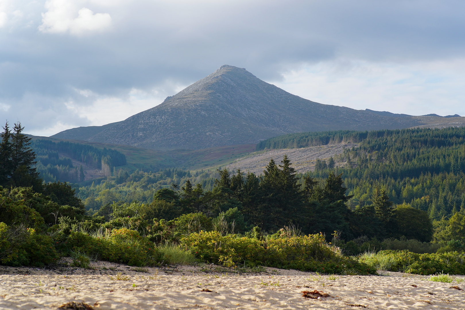 An image depicting the trail Sannox Bay to Corrieburn Bridge via Cioch na h-Oighe, Mullach Buidhe, Goatfell and Meall Breach and its surrounding area.