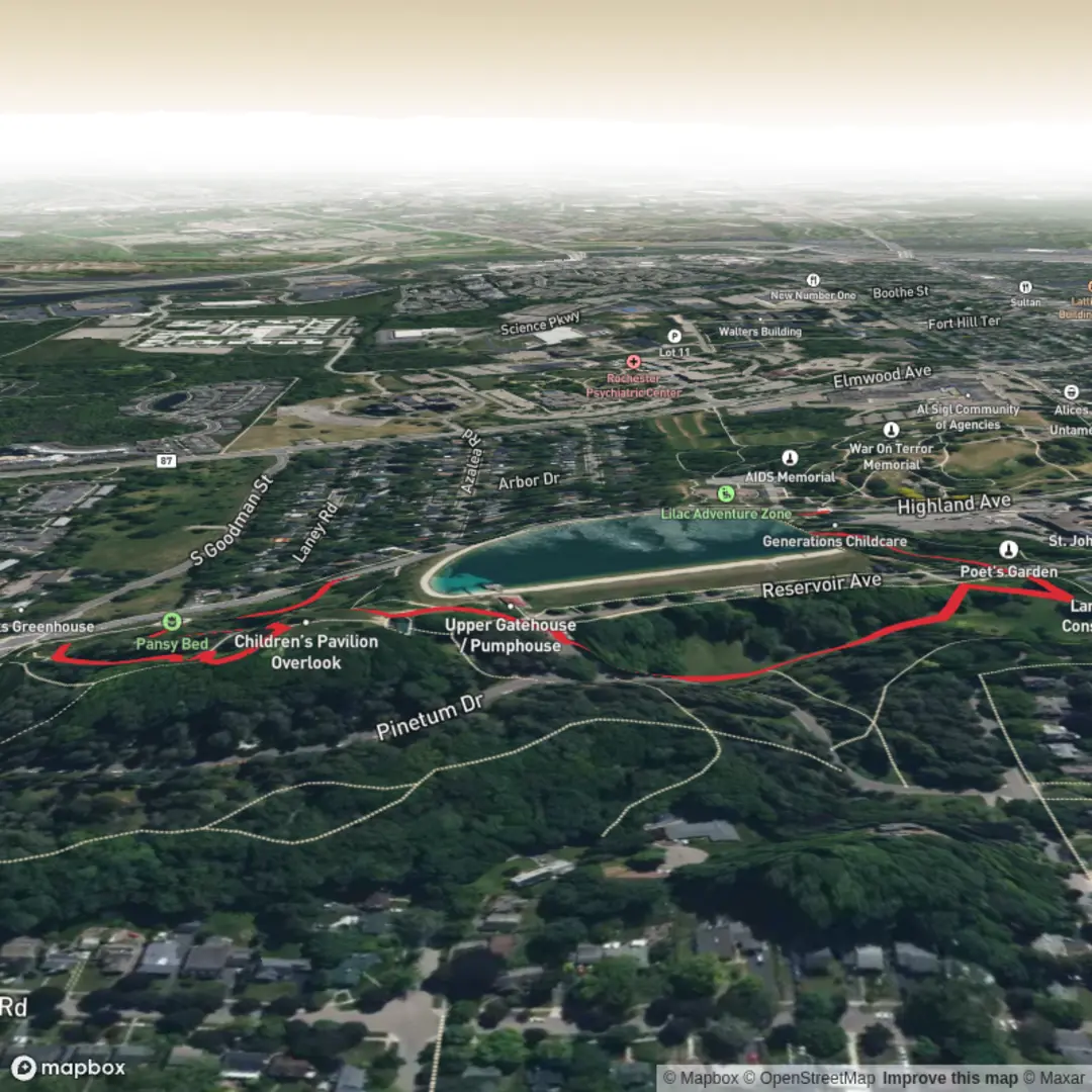An image depicting the trail Highland Reservoir and Highland Park Loop and its surrounding area.