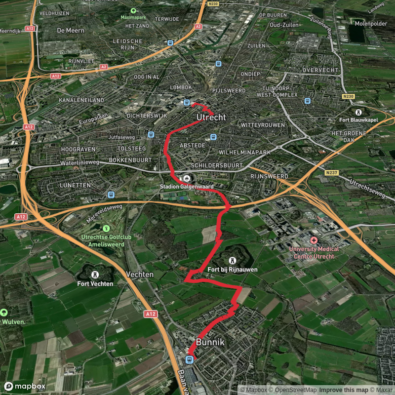 Bunnik to Utrecht Centraal via Waterliniepad and Kromme Rijnpad