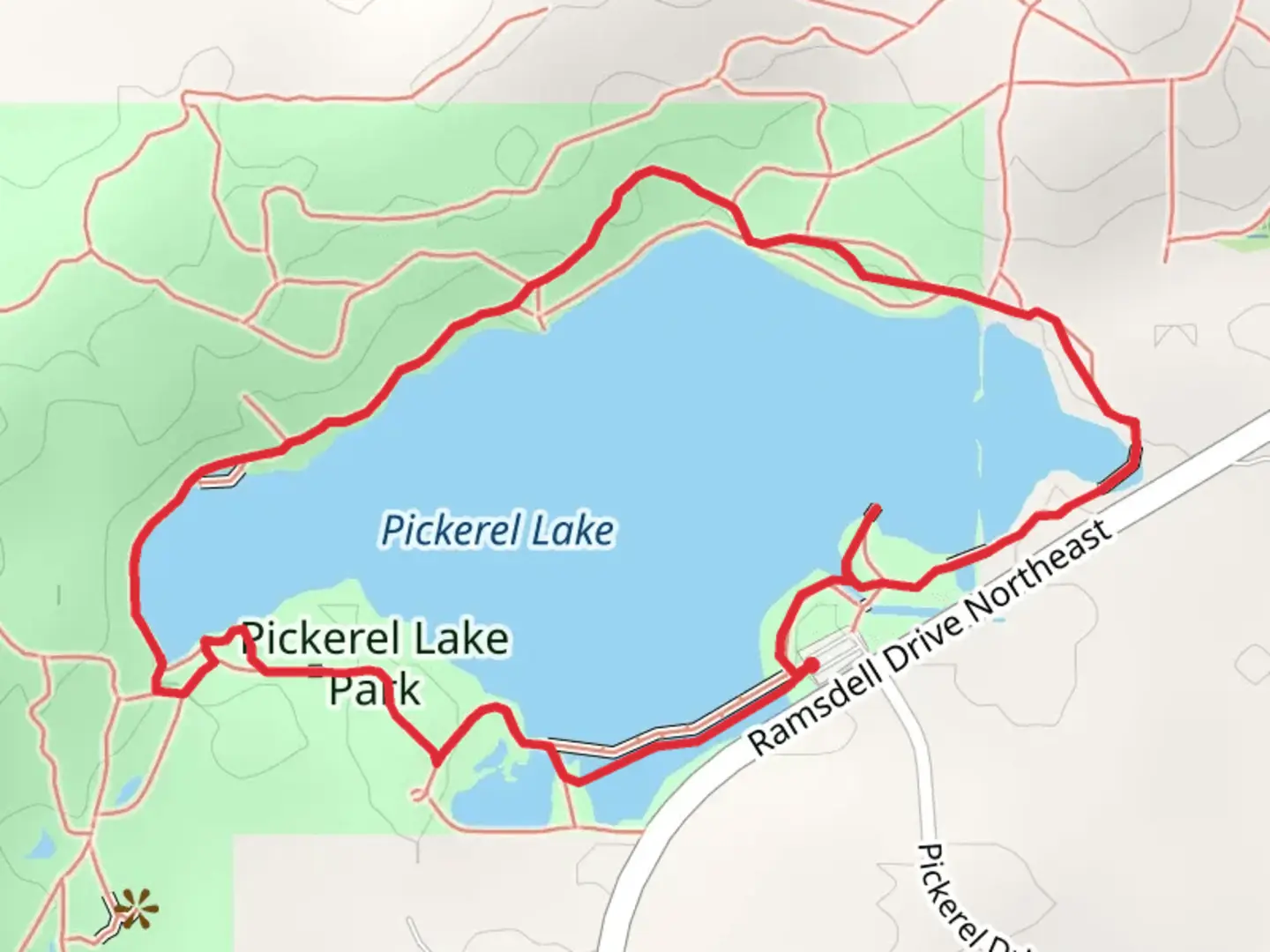 An image depicting the trail Pickerel Lake Park Loop and its surrounding area.