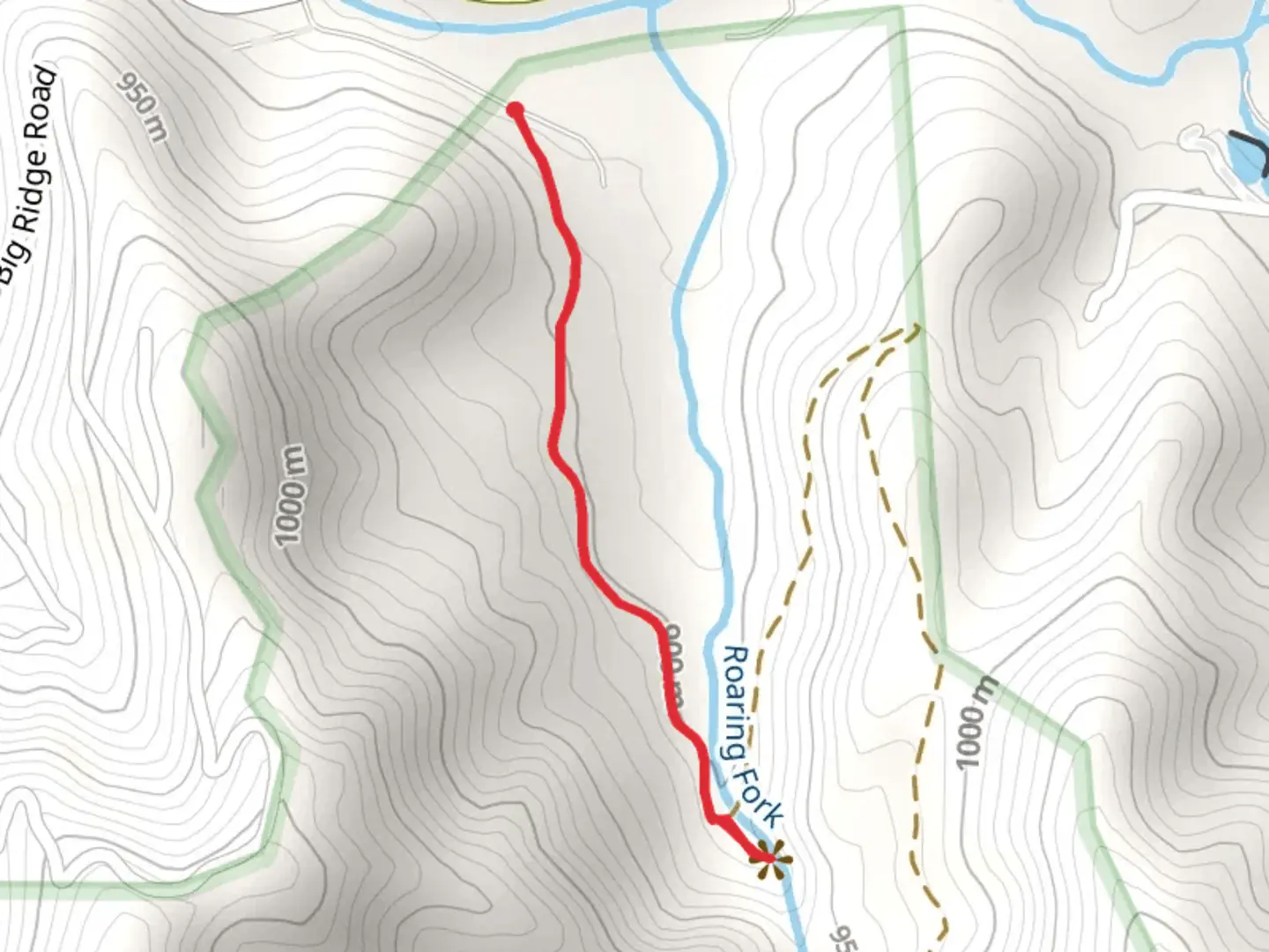An image depicting the trail Roaring Fork Creek Falls Trail and its surrounding area.