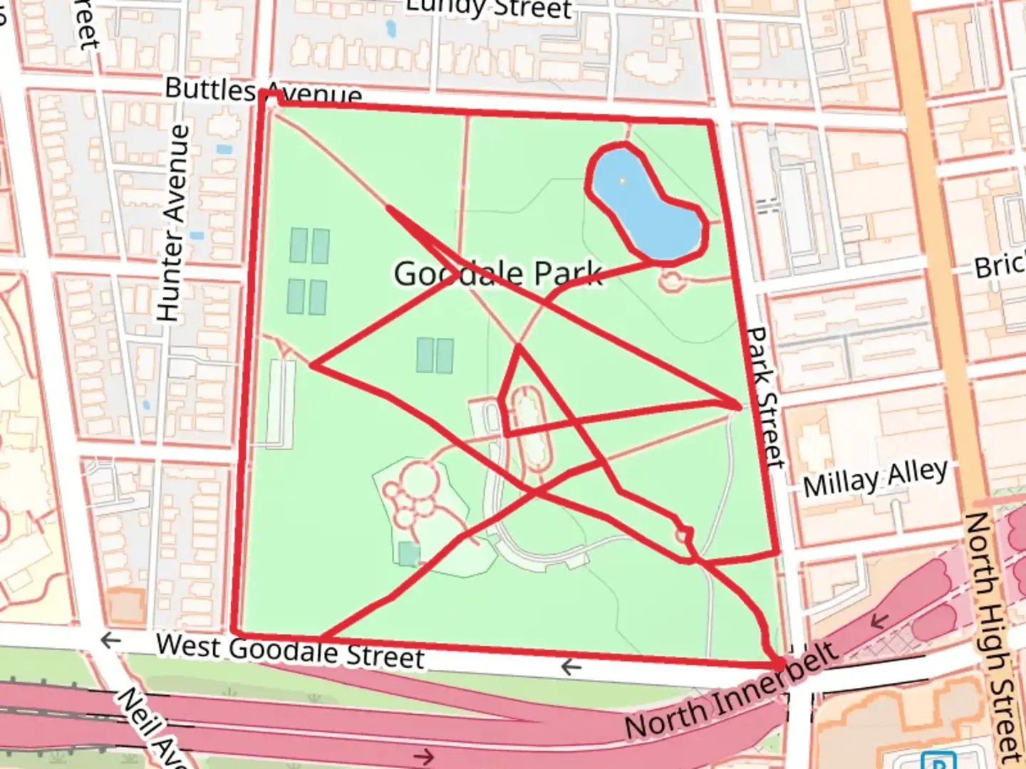 An image depicting the trail Goodale Park Loop and its surrounding area.