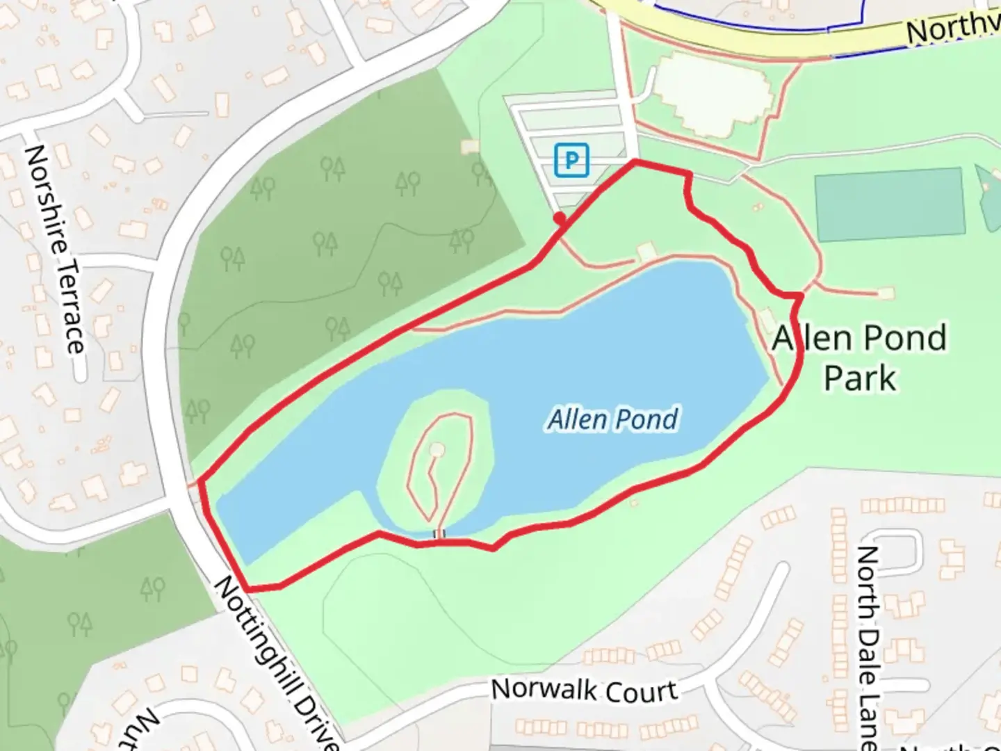 An image depicting the trail Allen Pond Park Loop and its surrounding area.