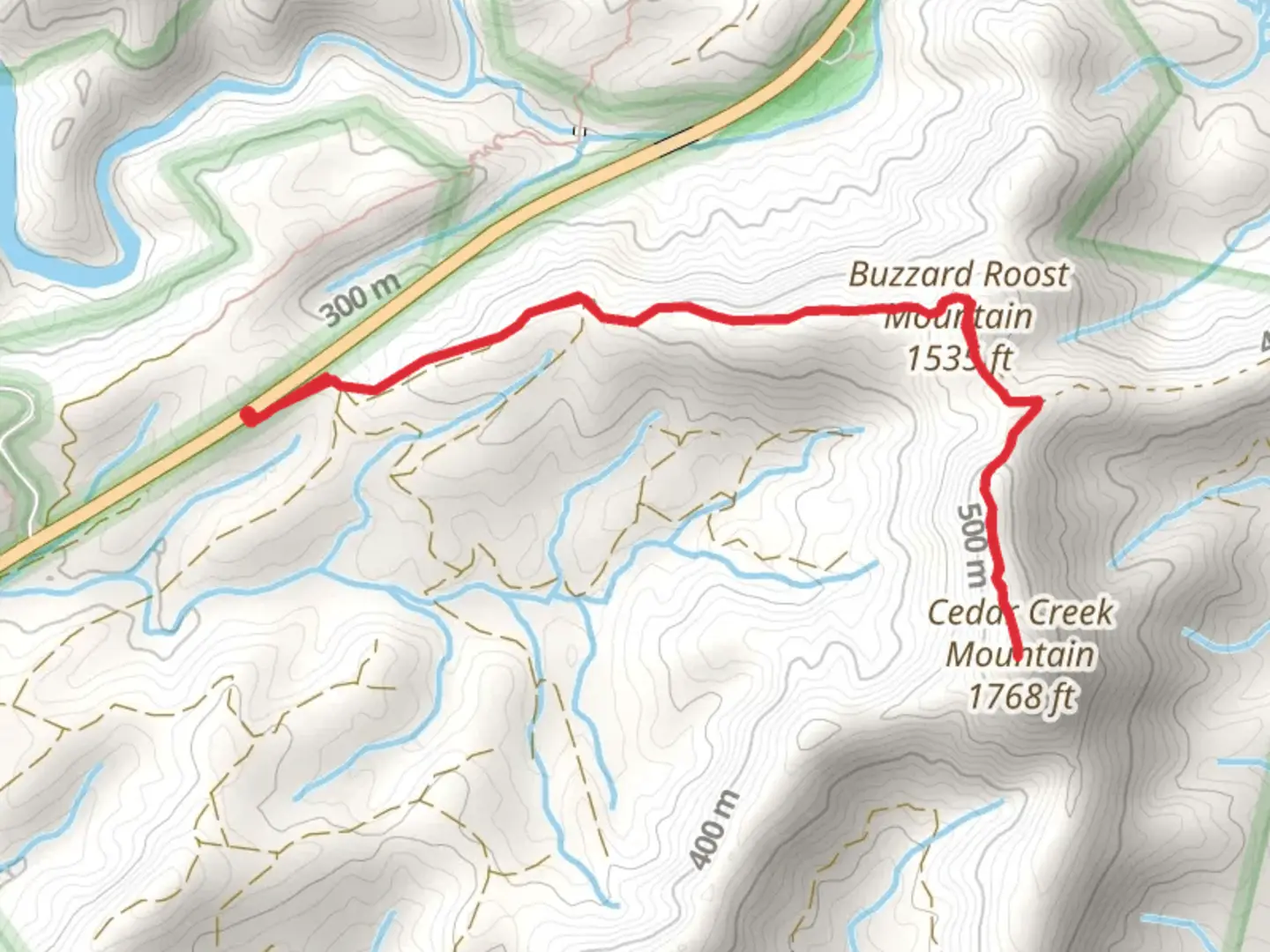 An image depicting the trail Cedar Creek Mountain and Buzzard Roost Mountain from Highway 11 and its surrounding area.
