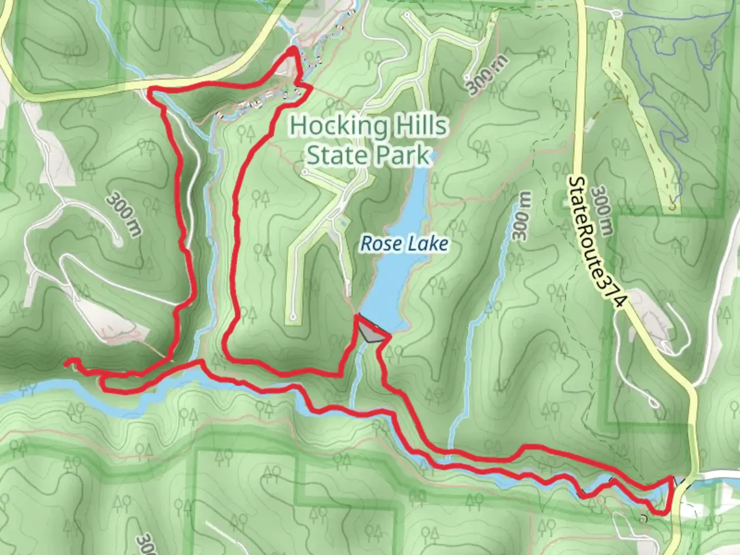 An image depicting the trail Old Man's Cave to Whispering Cave and Rose Lake Loop and its surrounding area.