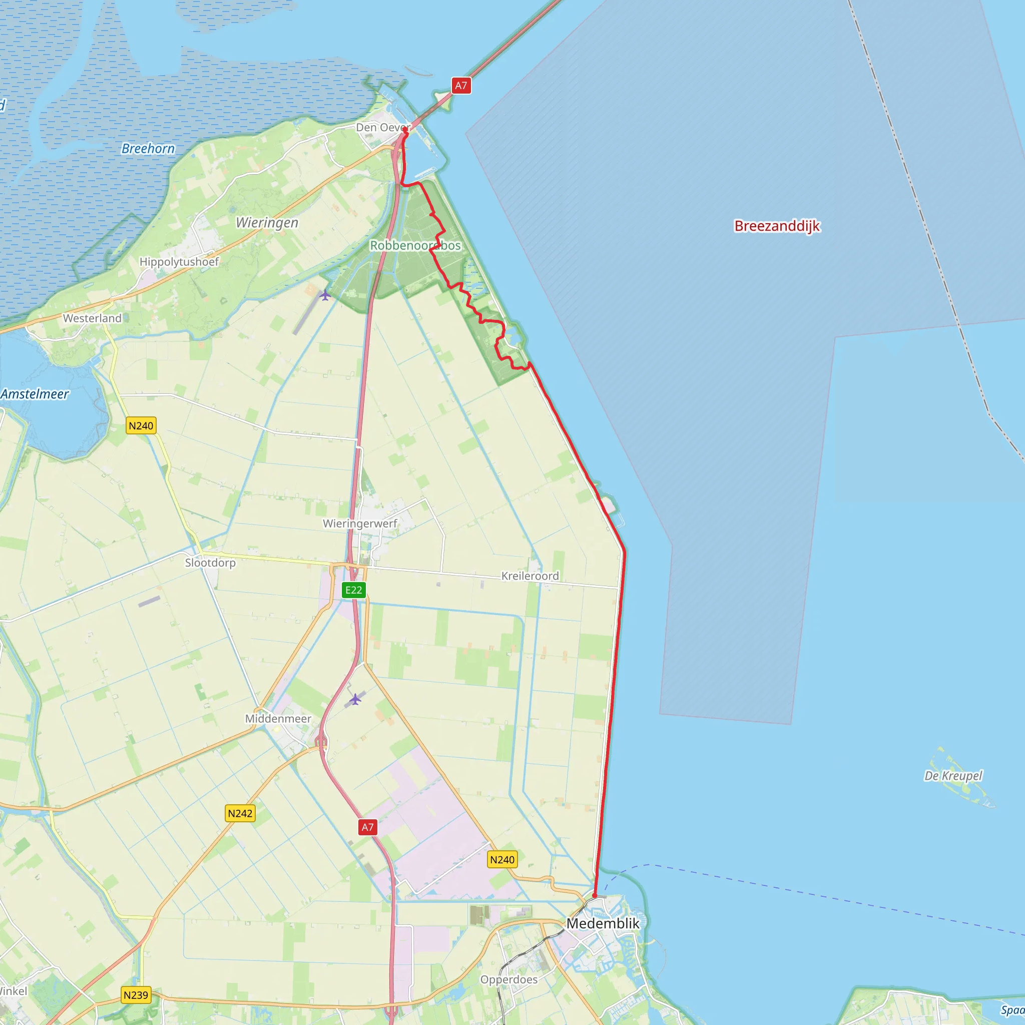 Medemblik to Den Oever via Zuidelijk Wiel and Wieringermeerdijk mobile static map