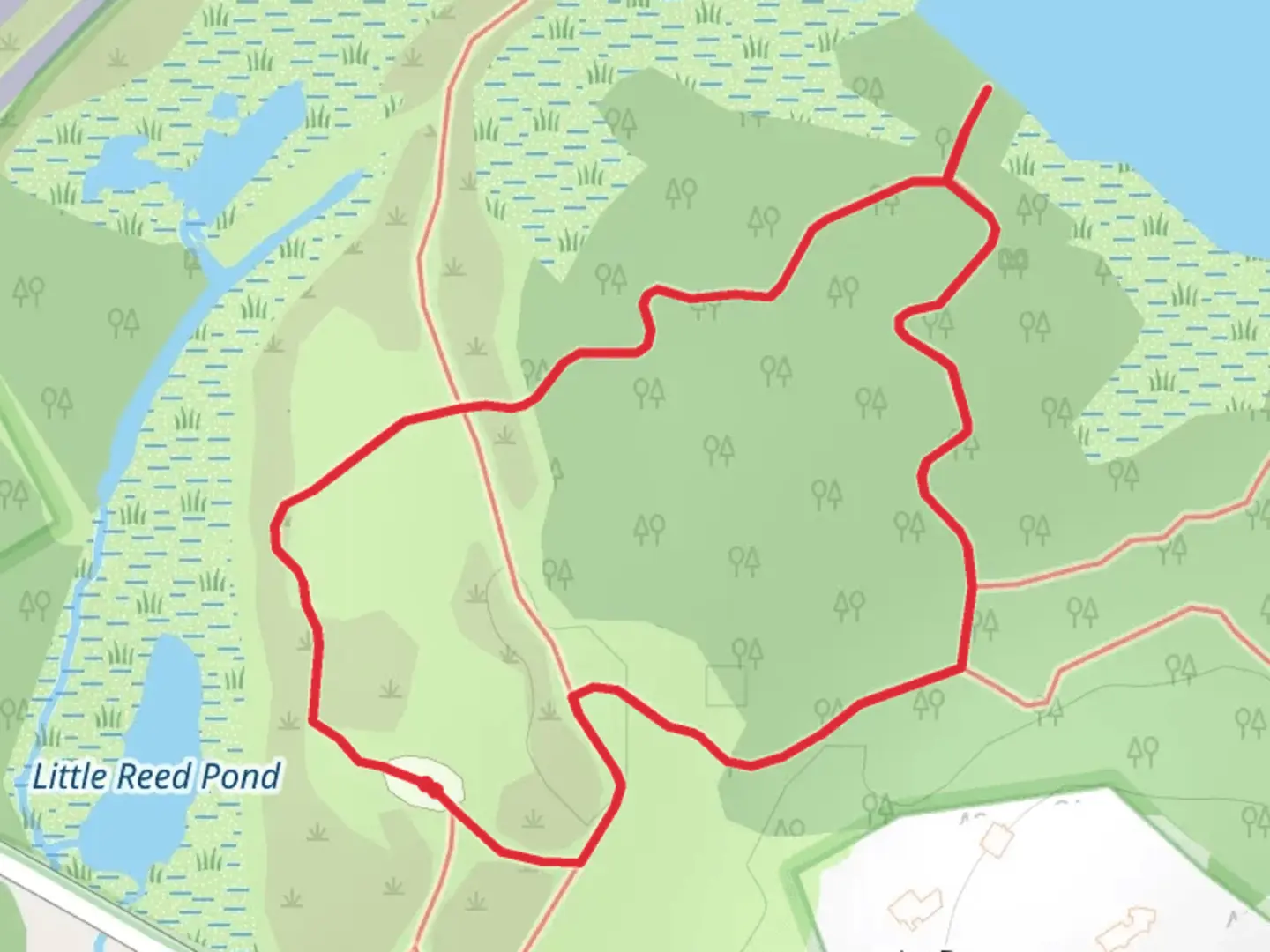 An image depicting the trail Loop around Reed Ponds and its surrounding area.