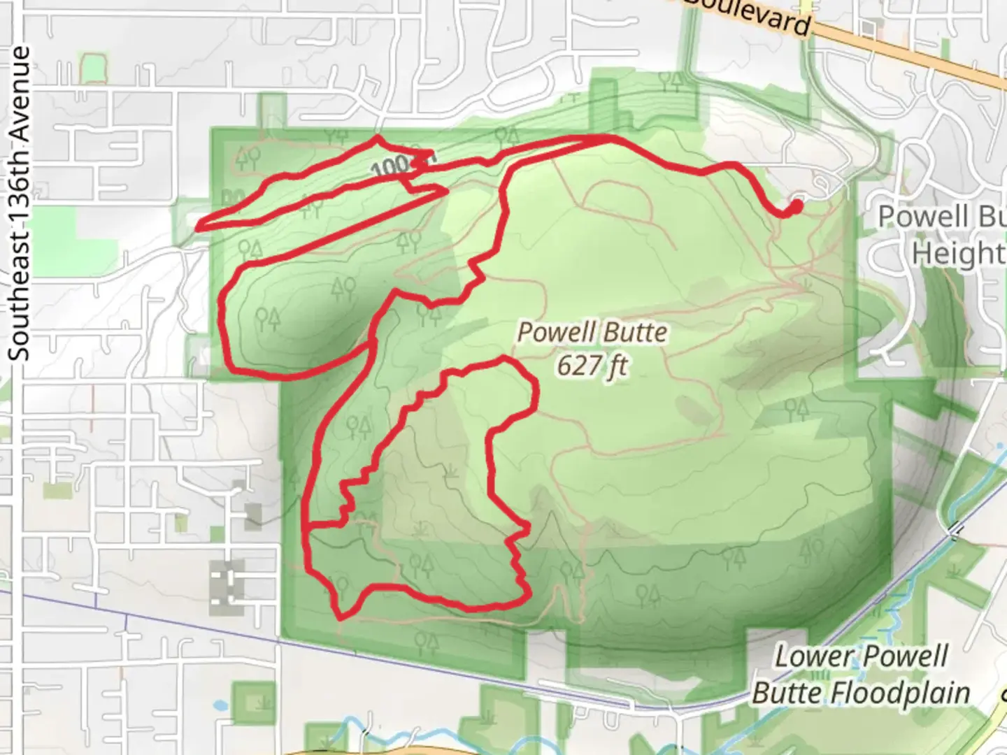An image depicting the trail Elderberry, Pipeline Lane and Holgate Lane Loop and its surrounding area.