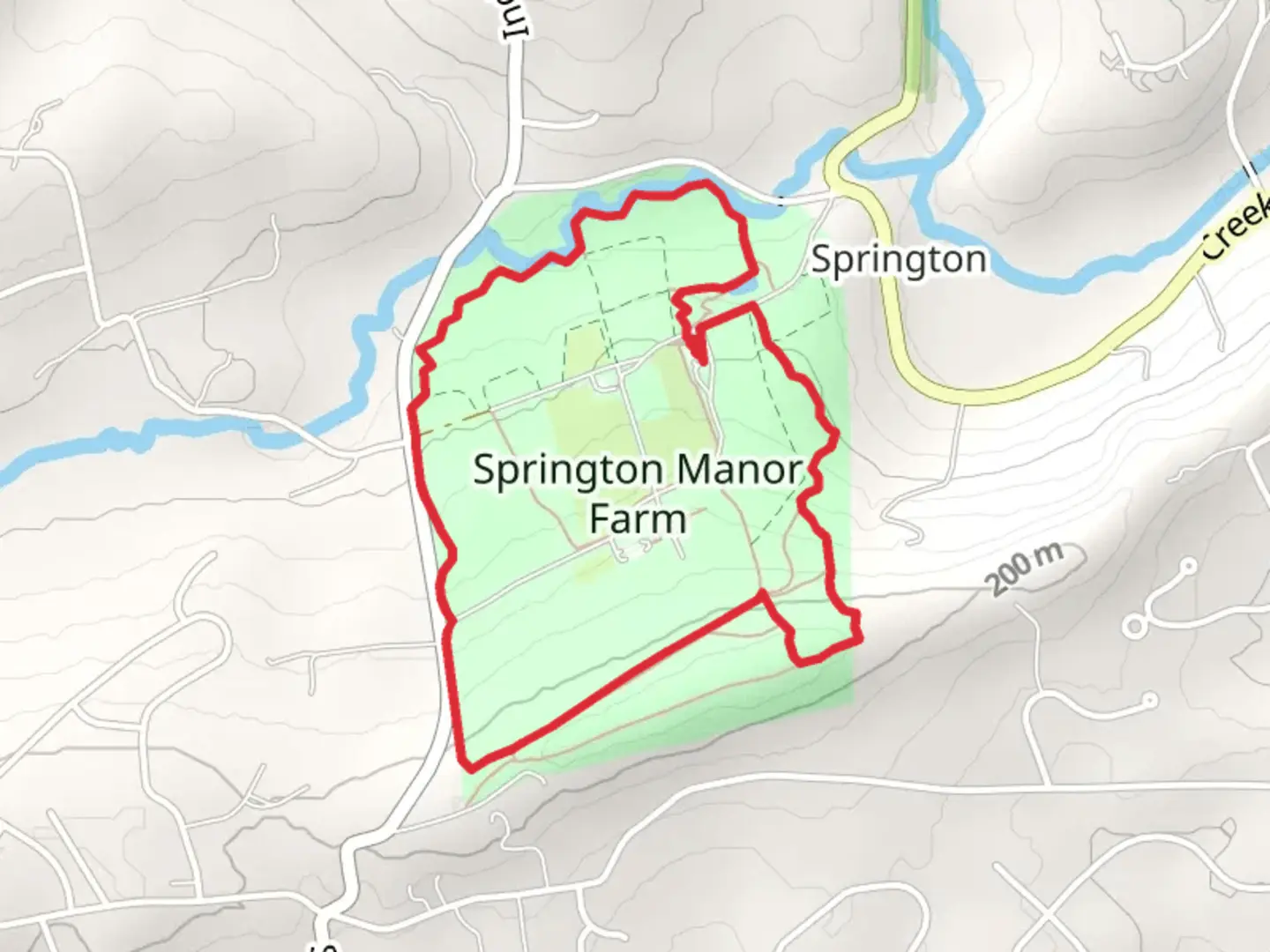 An image depicting the trail Indian Run and Road Springton Manor Farm Barn Loop and its surrounding area.