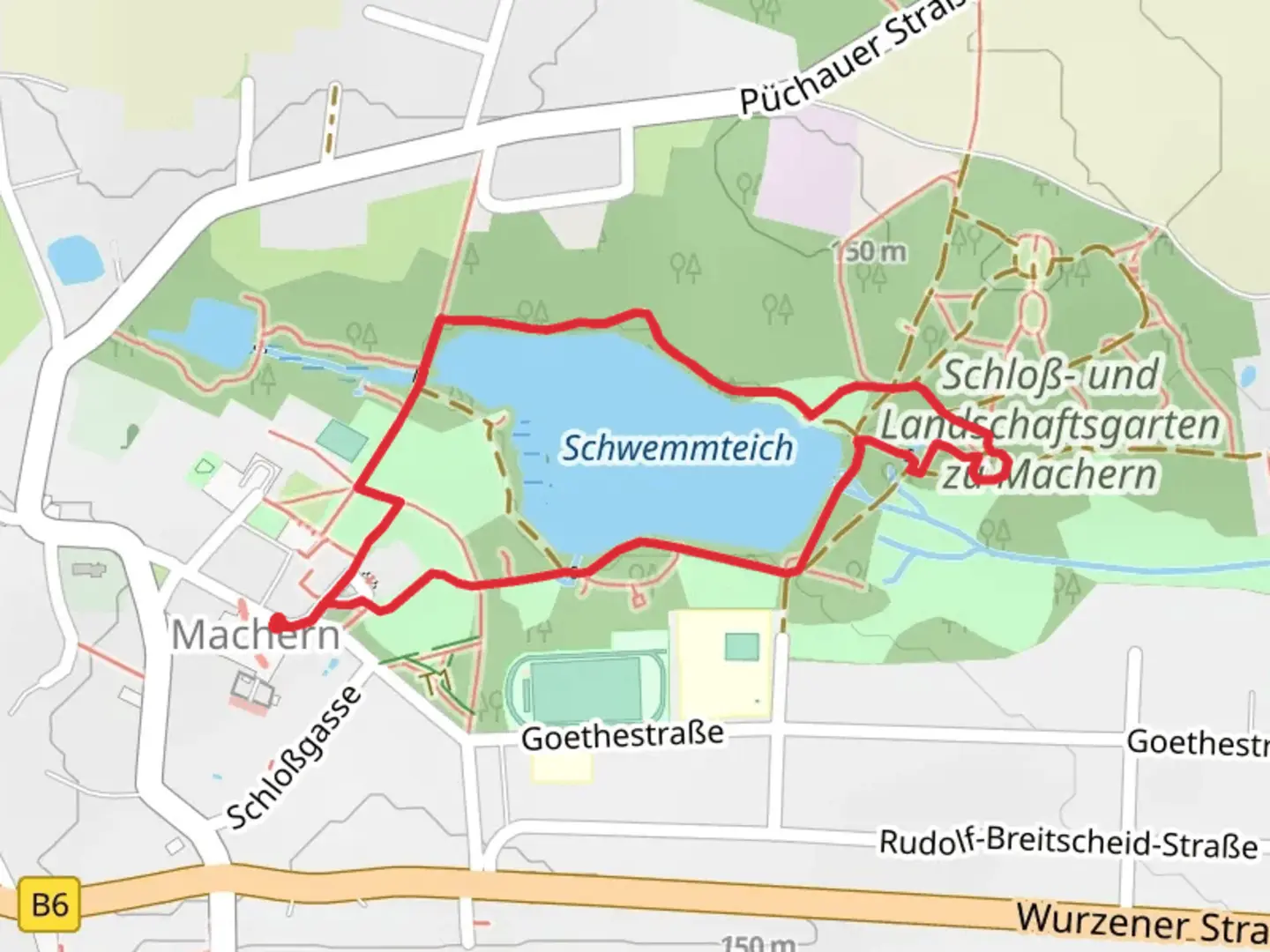 An image depicting the trail Schwemmteich Loop via Tulpenbaumallee and its surrounding area.