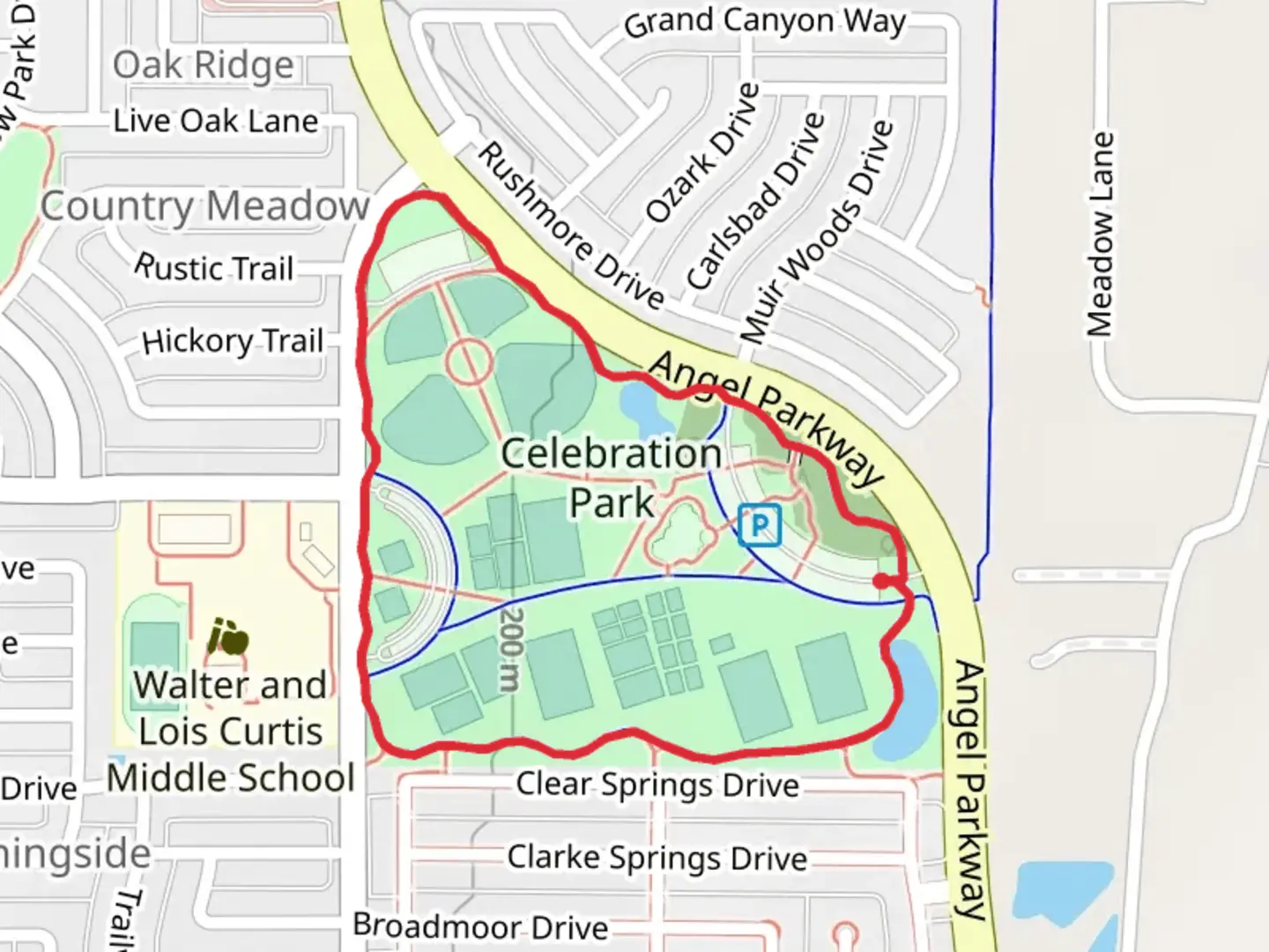 An image depicting the trail Celebration Park Loop and its surrounding area.