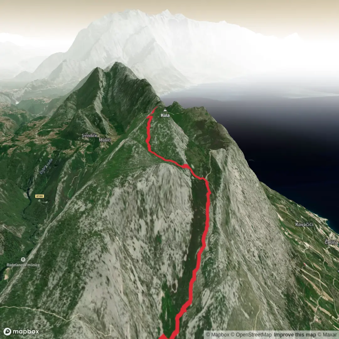 An image depicting the trail Omiška Dinara Peak Kula and its surrounding area.