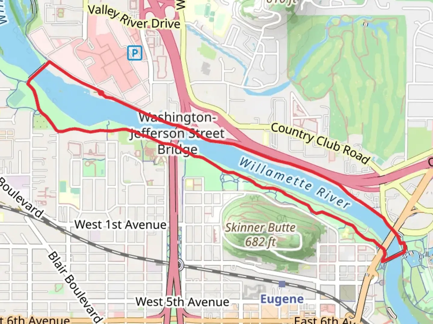 An image depicting the trail North Bank Path, South Bank Path and Path Peter DeFazio Bridge Loop and its surrounding area.