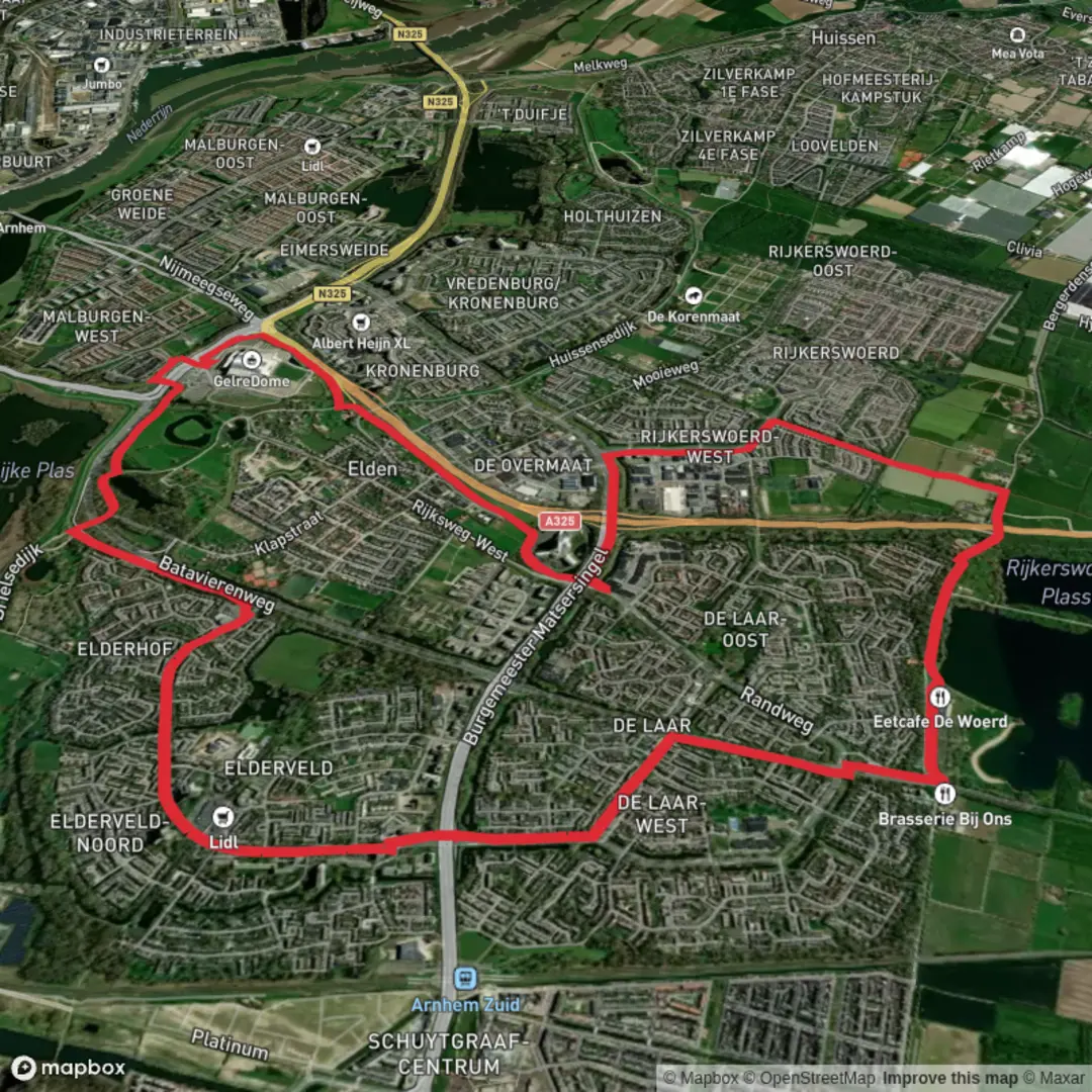 An image depicting the trail Holland Weg, Hoefijzerpad and Rijkerswoerdse Plassen Loop and its surrounding area.