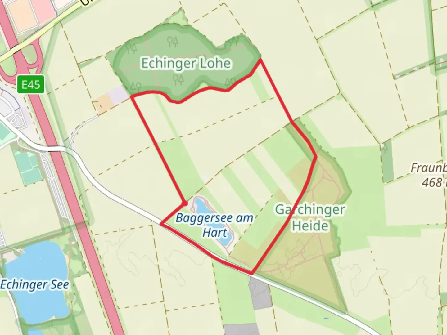 An image depicting the trail Echinger Lohe and Baggersee am Hart Loop and its surrounding area.