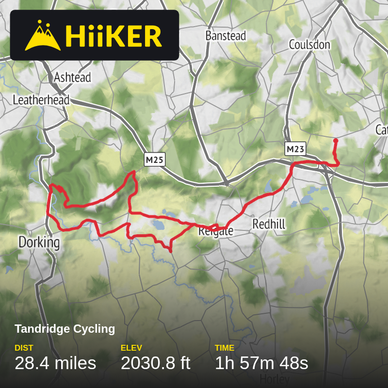 A map preview of the recording Tandridge Cycling.