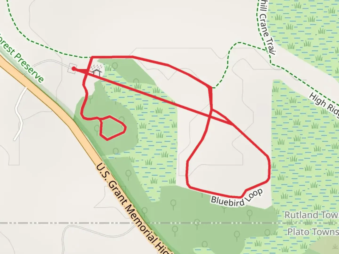 An image depicting the trail Bluebird Loop and its surrounding area.