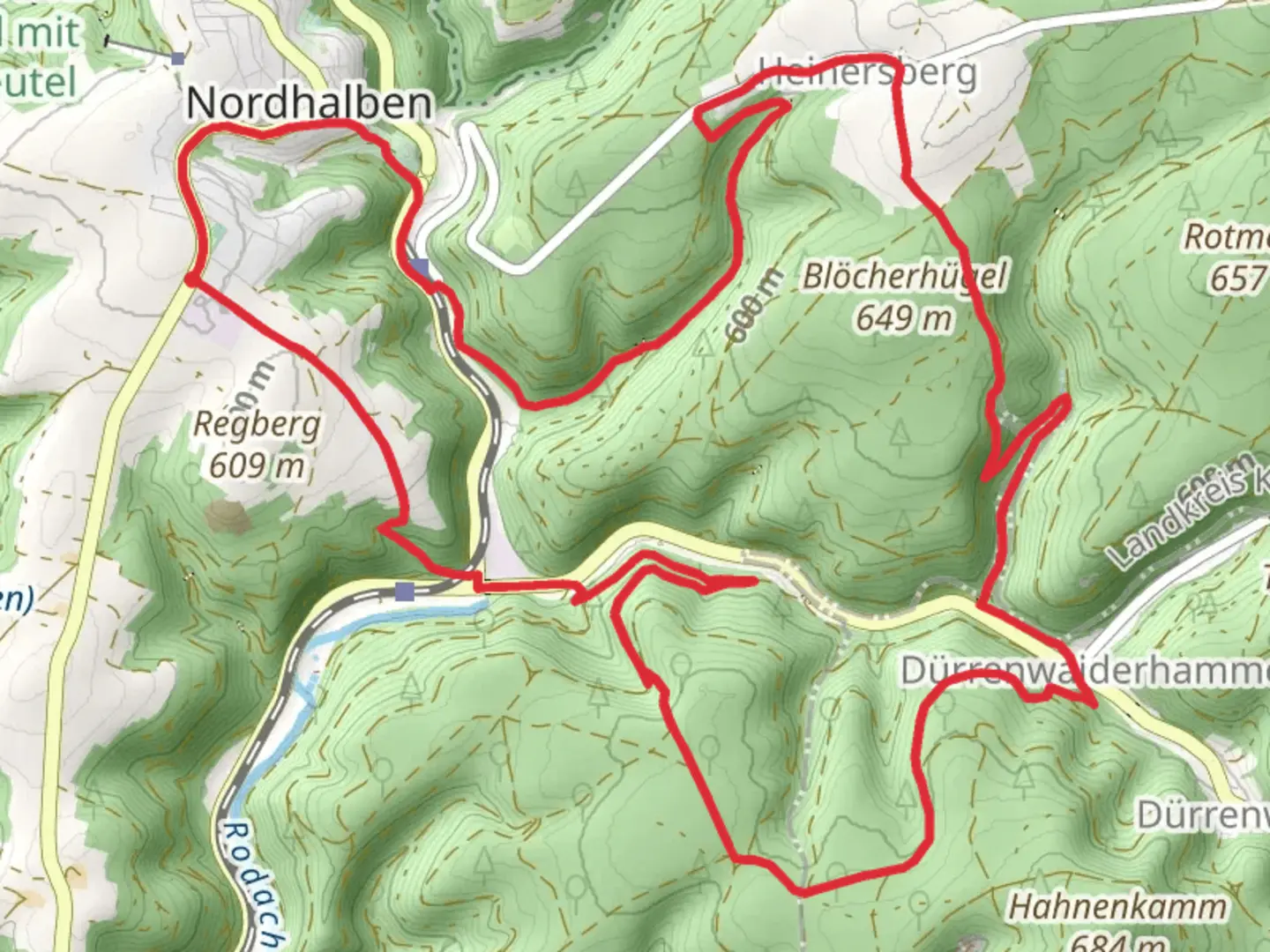 An image depicting the trail Thomasmuhle and Blocherhugel Loop and its surrounding area.