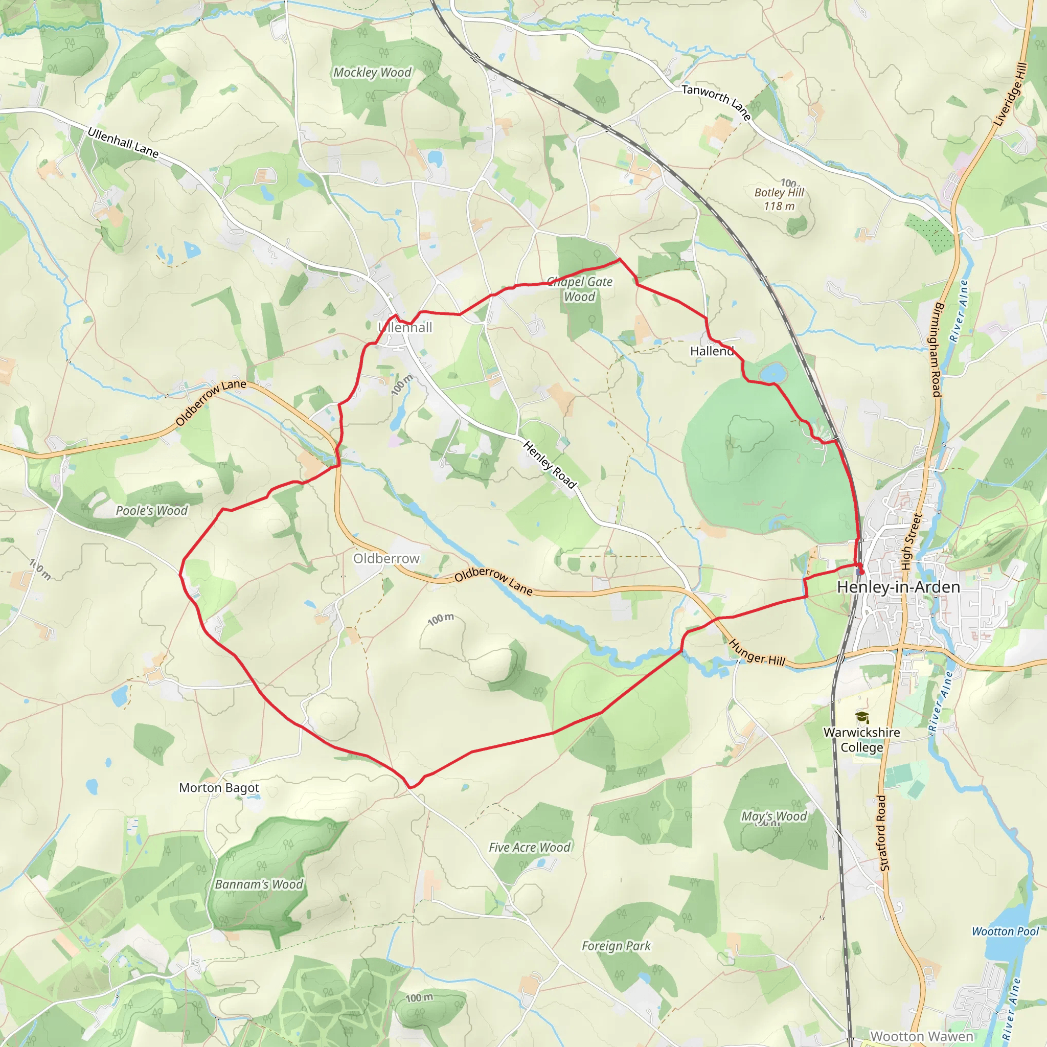 Cadborough Coppice, Ullenhall Country Park and Hunger Hill via Millenium Way mobile static map