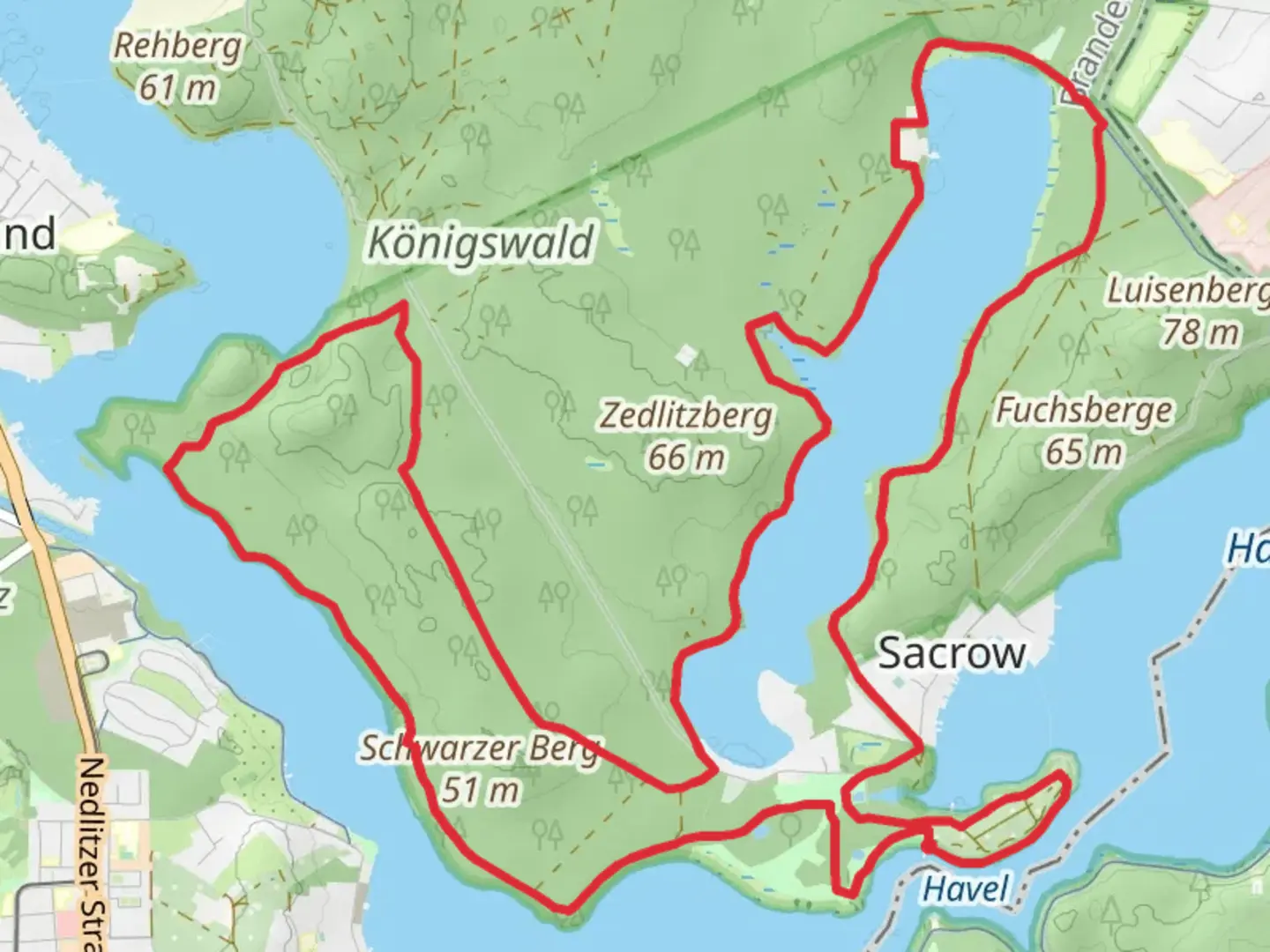 An image depicting the trail Konigswald and Sacrowser See Loop and its surrounding area.