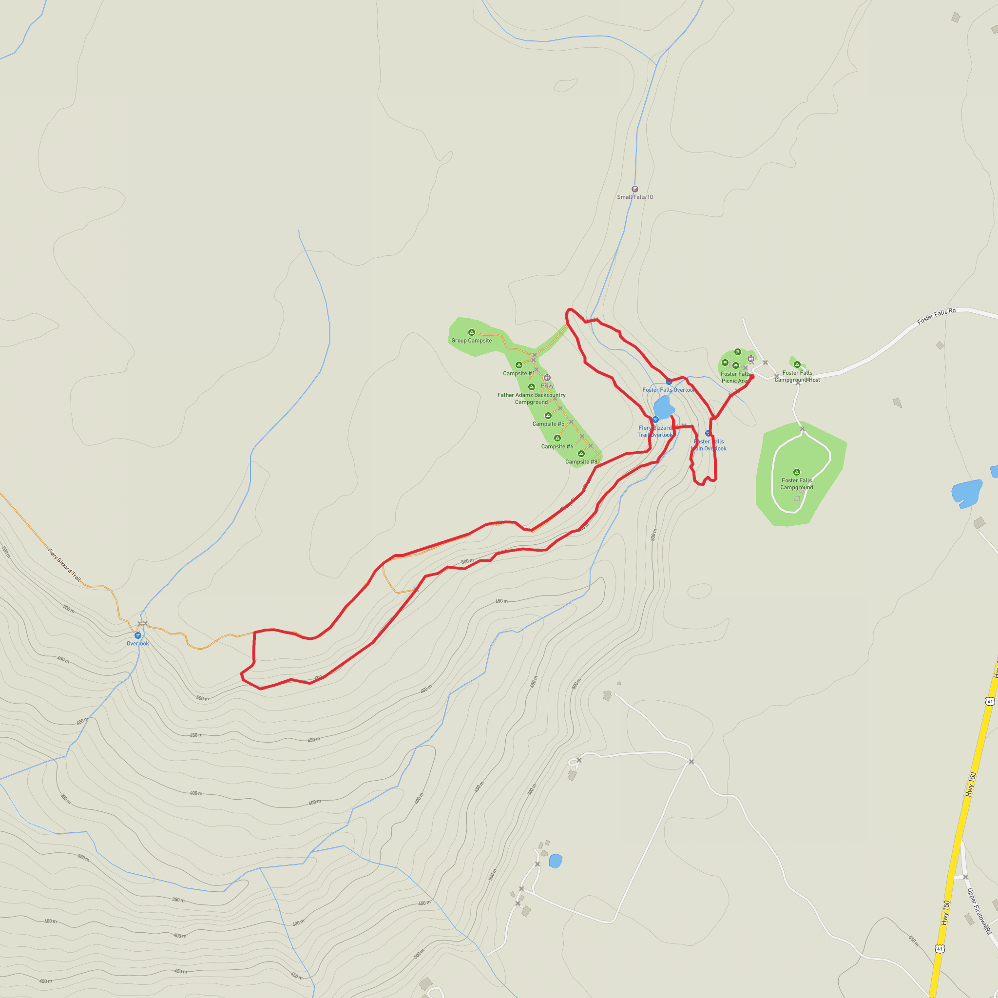 Foster Falls via Fiery Gizzard Trail and Climbers Loop Trail mobile static map
