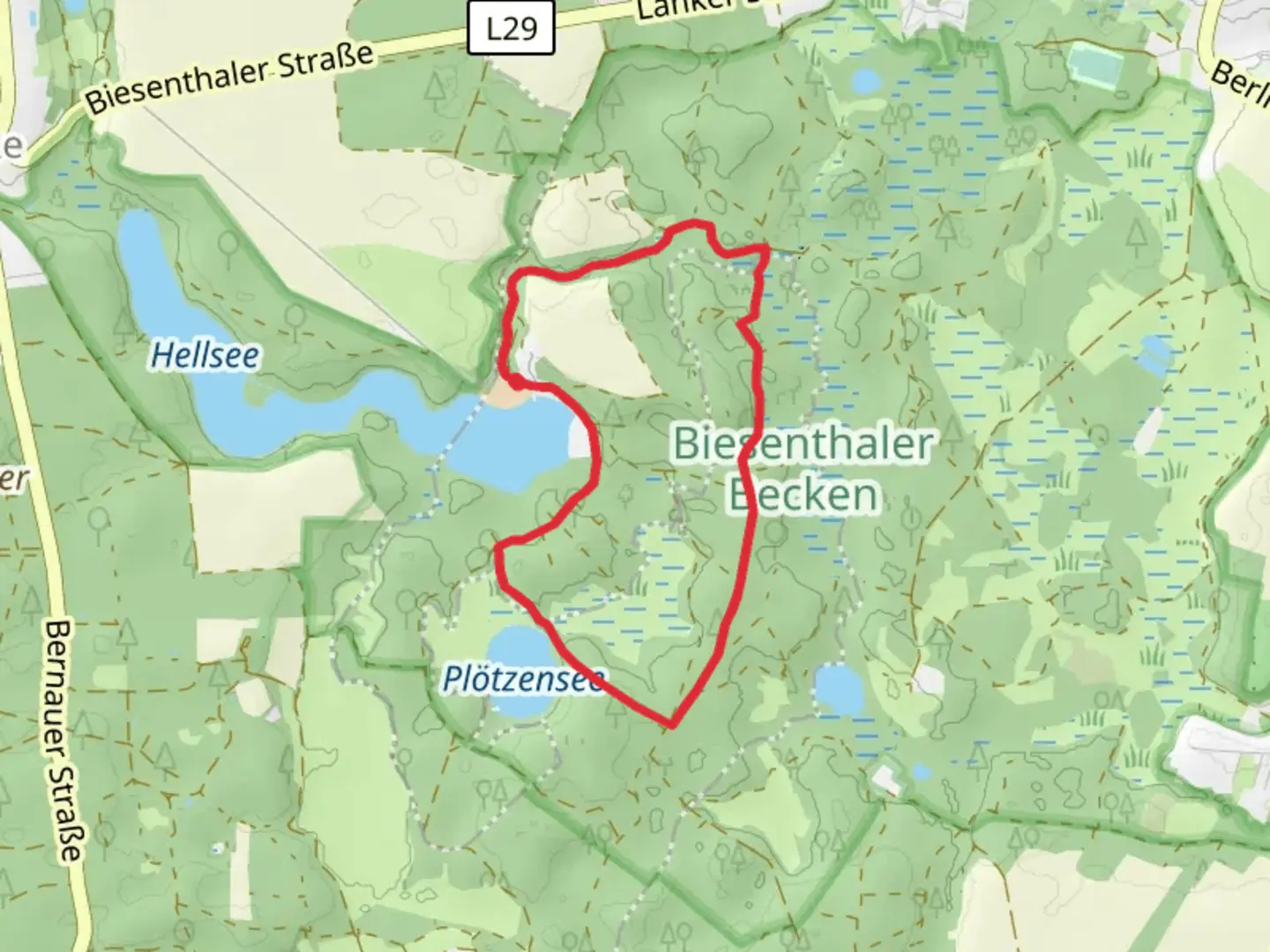 An image depicting the trail Biesenthaler Becken Loop via Plötzensee and Hellsee and its surrounding area.