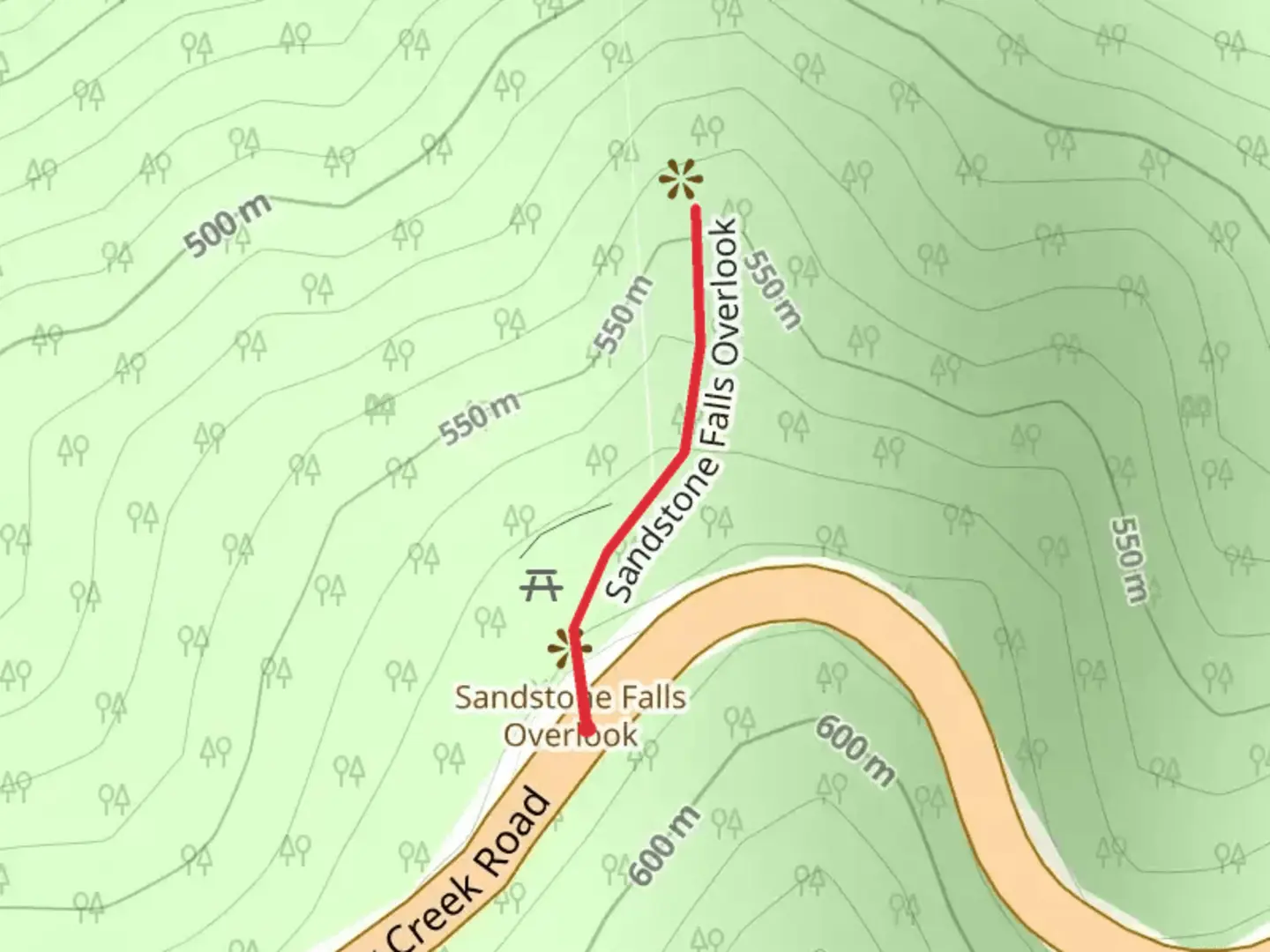 An image depicting the trail Sandstone Falls Overlook and its surrounding area.