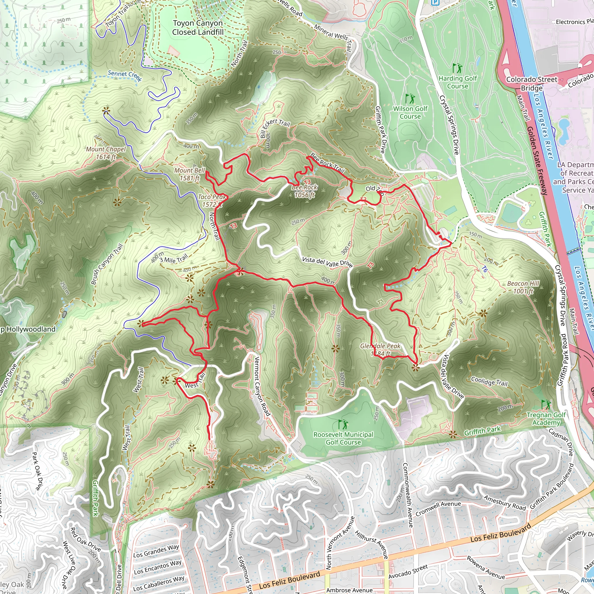 Fern Canyon, Hogback, Griffith Observatory and Bee Rock Loop Trail mobile static map