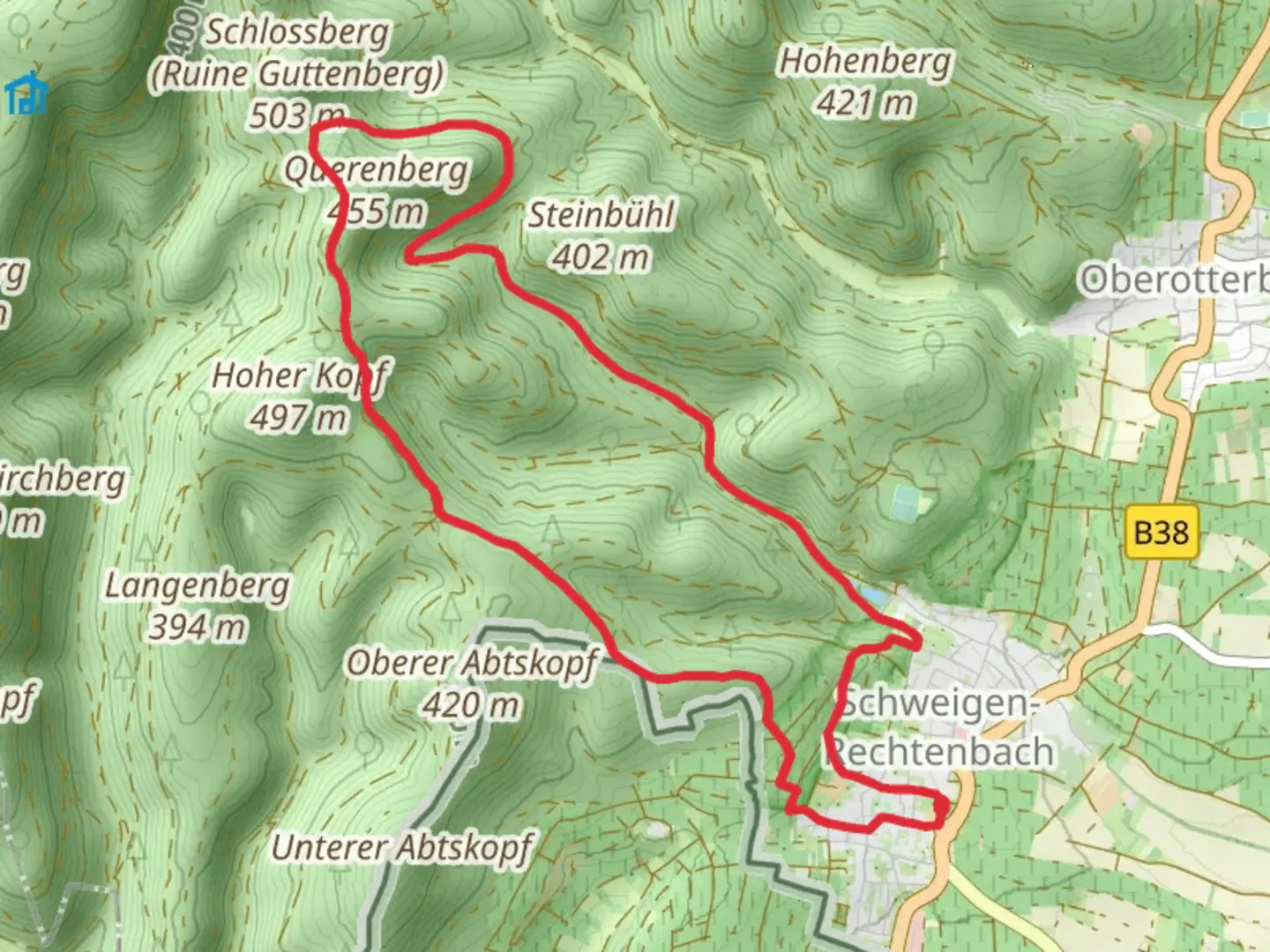 An image depicting the trail Saar Pfalz Weg and Kappellen-Pilgerweg and its surrounding area.