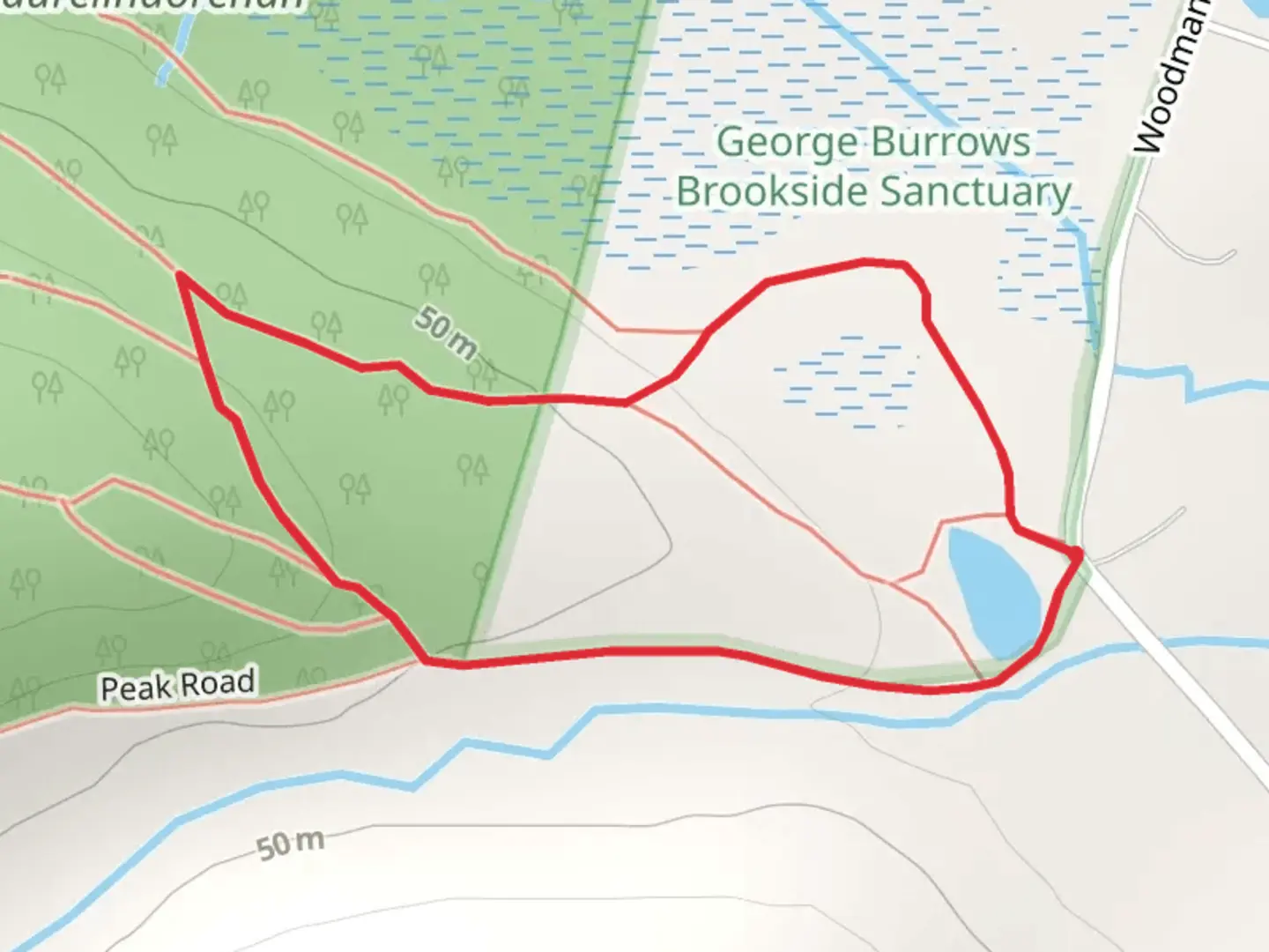 An image depicting the trail Burrows-Brookside Sanctuary Short Loop Trail and its surrounding area.