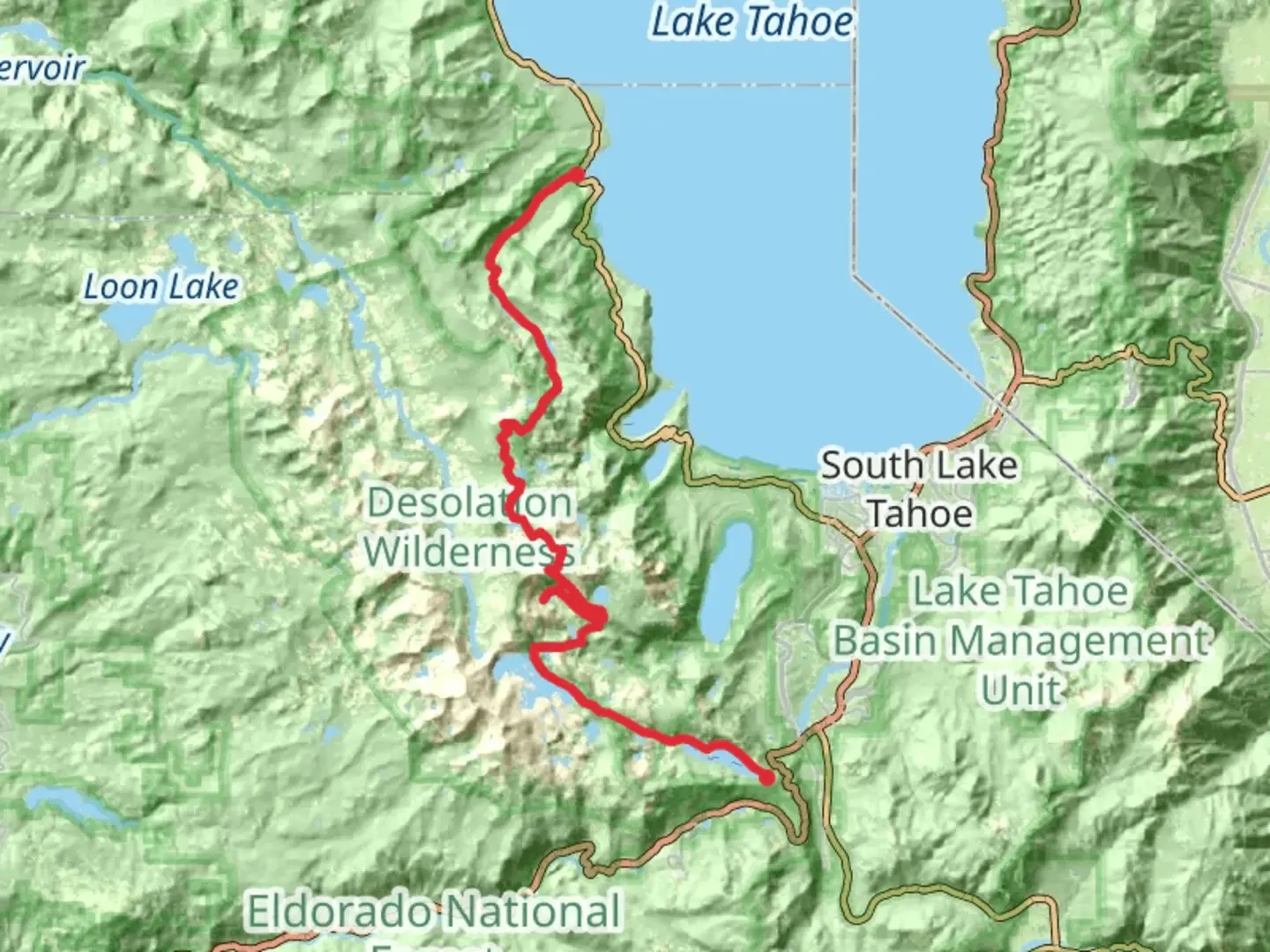 An image depicting the trail Meeks Bay to Echo Lake via Tahoe Rim Trail and its surrounding area.