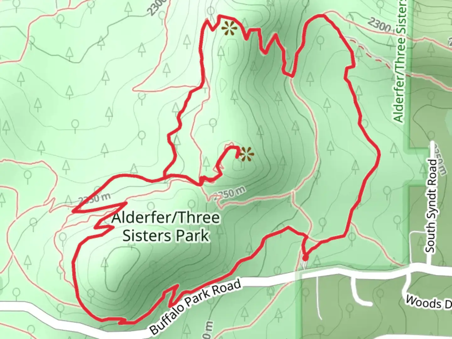 An image depicting the trail Hidden Fawn, Brothers and Ponderosa Loop Trail and its surrounding area.