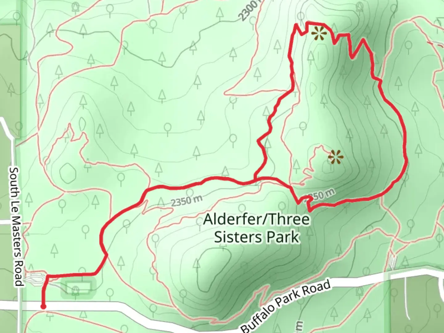 An image depicting the trail Silver Fox, Sisters and Ponderosa Loop Trail and its surrounding area.