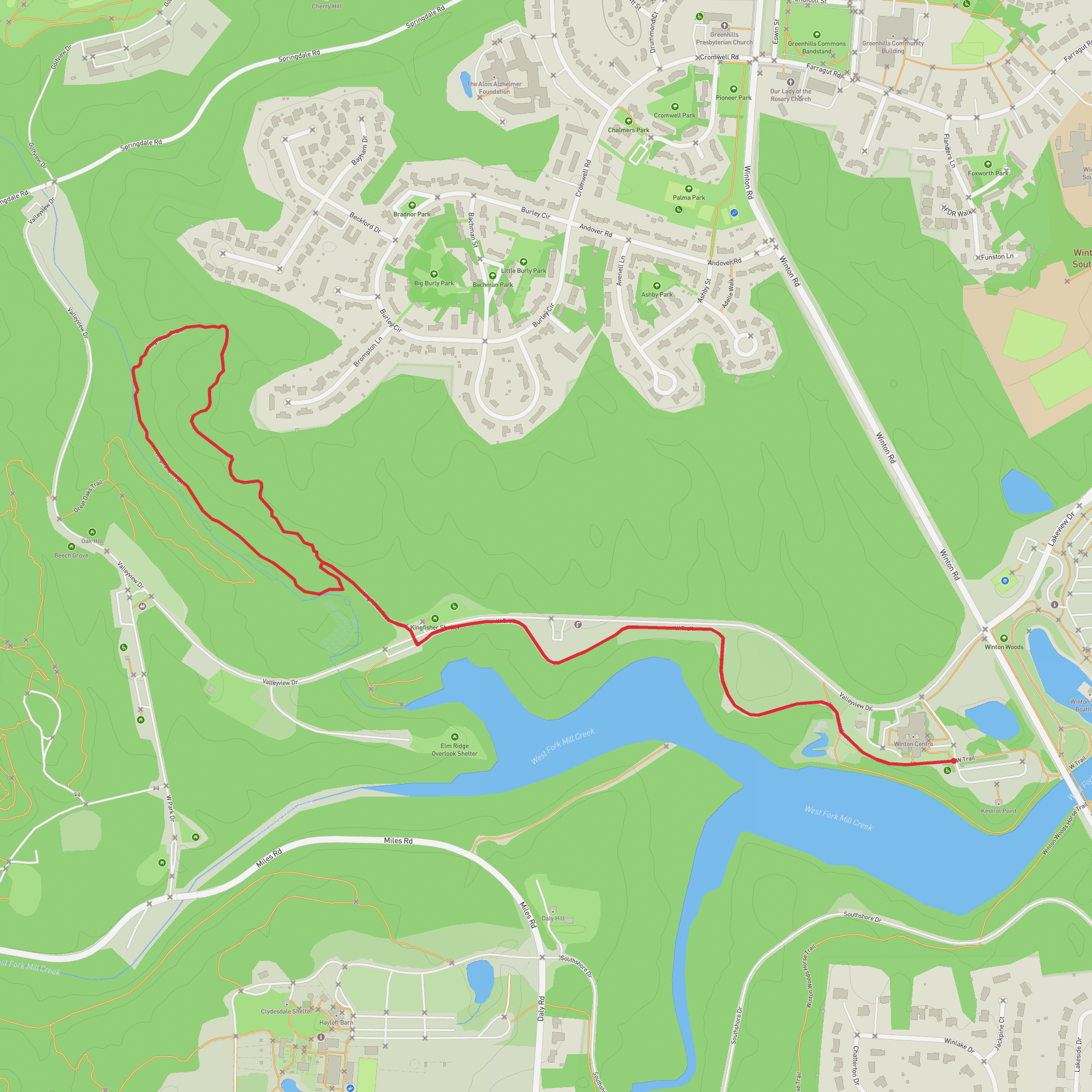 Winton Lake via W Trail and Kingfisher Trail mobile static map