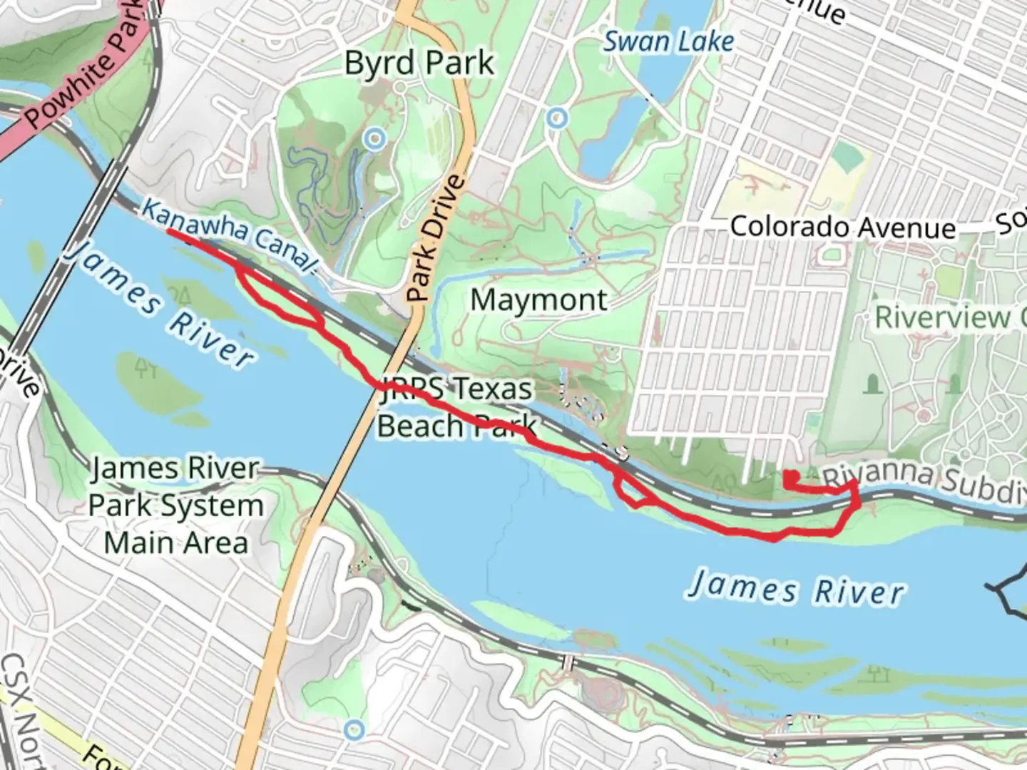 An image depicting the trail Texas Beach Trail via North Bank Trail and its surrounding area.
