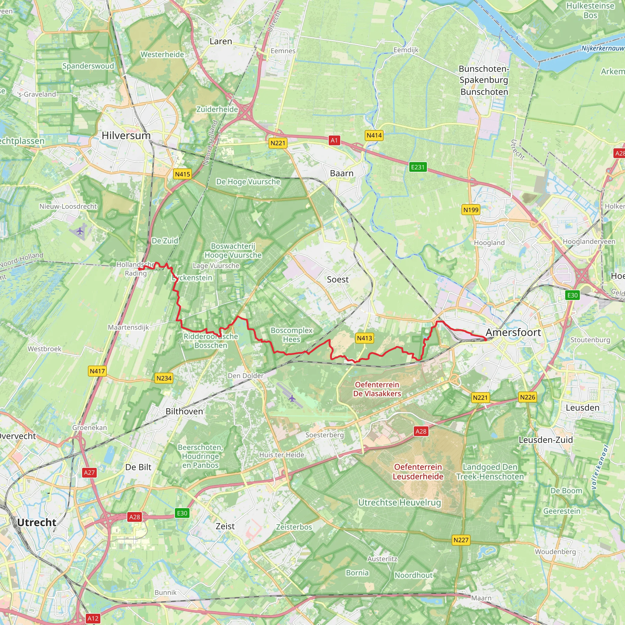 Hollandsche Rading to Amersfoort Centraal via Bosvijver and Marskrammerpad mobile static map
