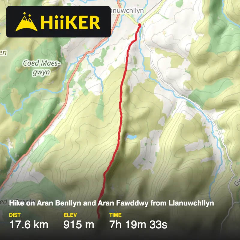 A map preview of the recording Hike on Aran Benllyn and Aran Fawddwy from Llanuwchllyn.