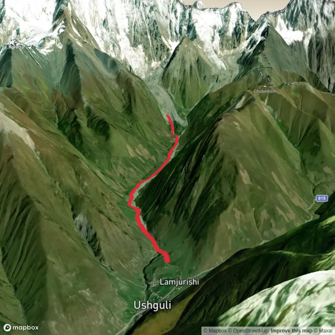 An image depicting the trail Hike from Ushguli to Shkhara Glacier and its surrounding area.