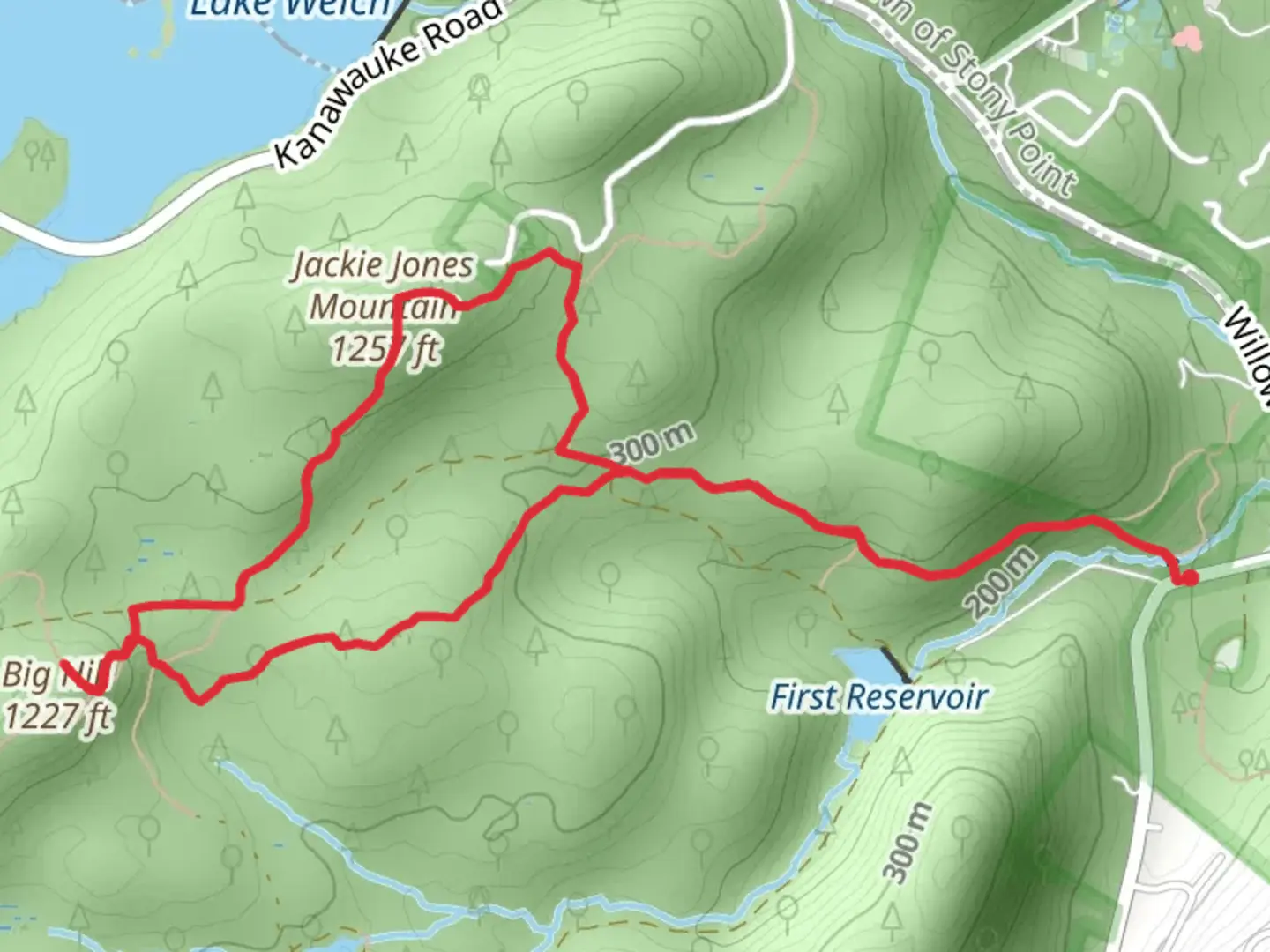 An image depicting the trail Big Hill and Jackie Jones Mountain via Long Path and its surrounding area.