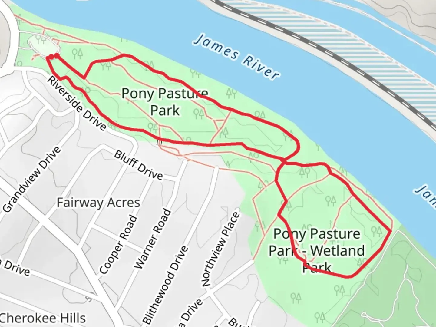 An image depicting the trail Pony Pasture Park - Wetland Park Loop and its surrounding area.