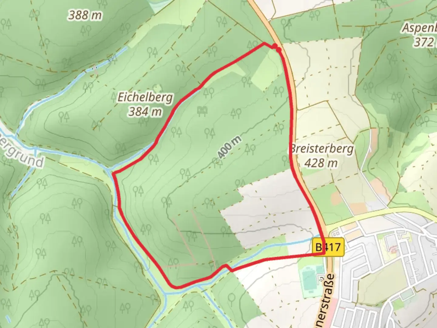 An image depicting the trail Eichhoernchen and Rundwanderweg Erlenblatt Loop and its surrounding area.