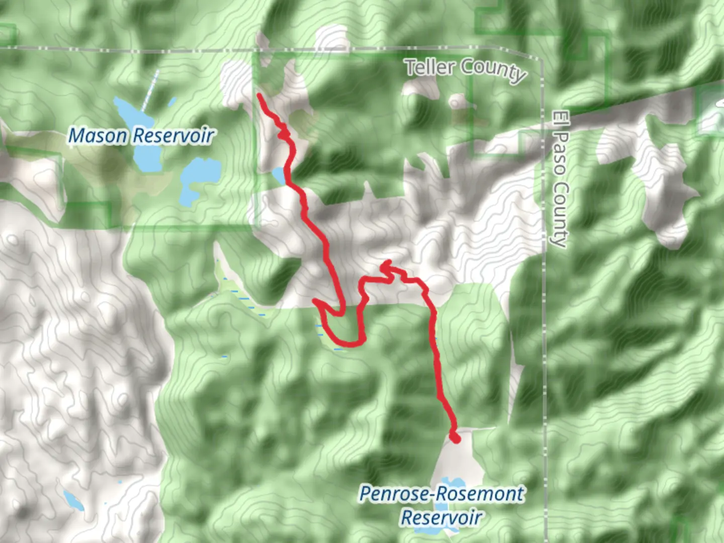 An image depicting the trail Almagre Mountain and Mount Baldy Reservoir and its surrounding area.