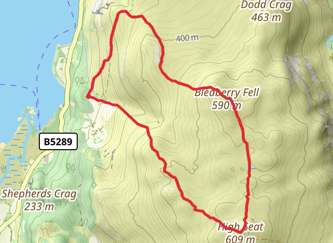 High seat and Bleaberry fell from Ashness Bridge. mobile static map