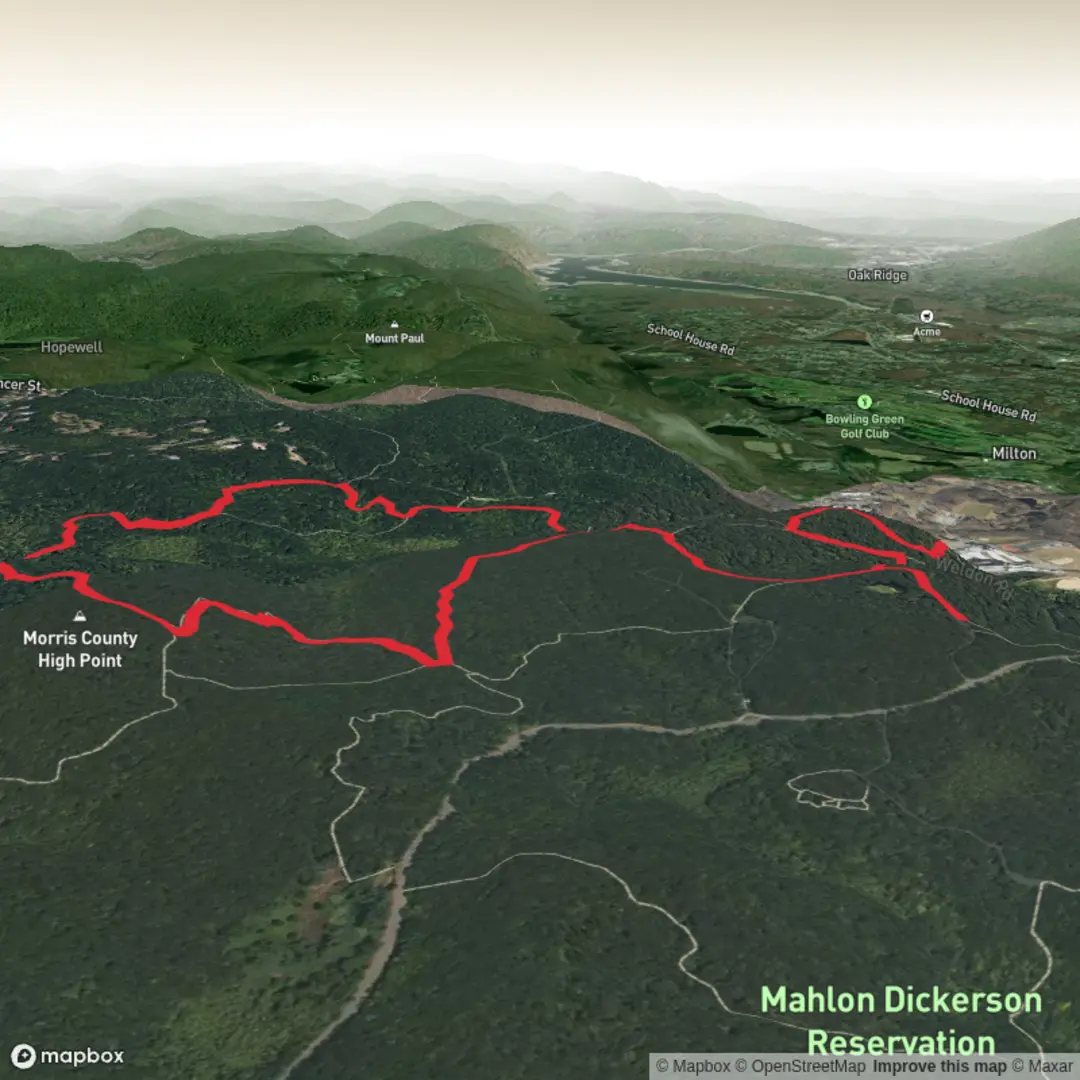 An image depicting the trail Morris County High Point via Purple Trail and White Trail and its surrounding area.