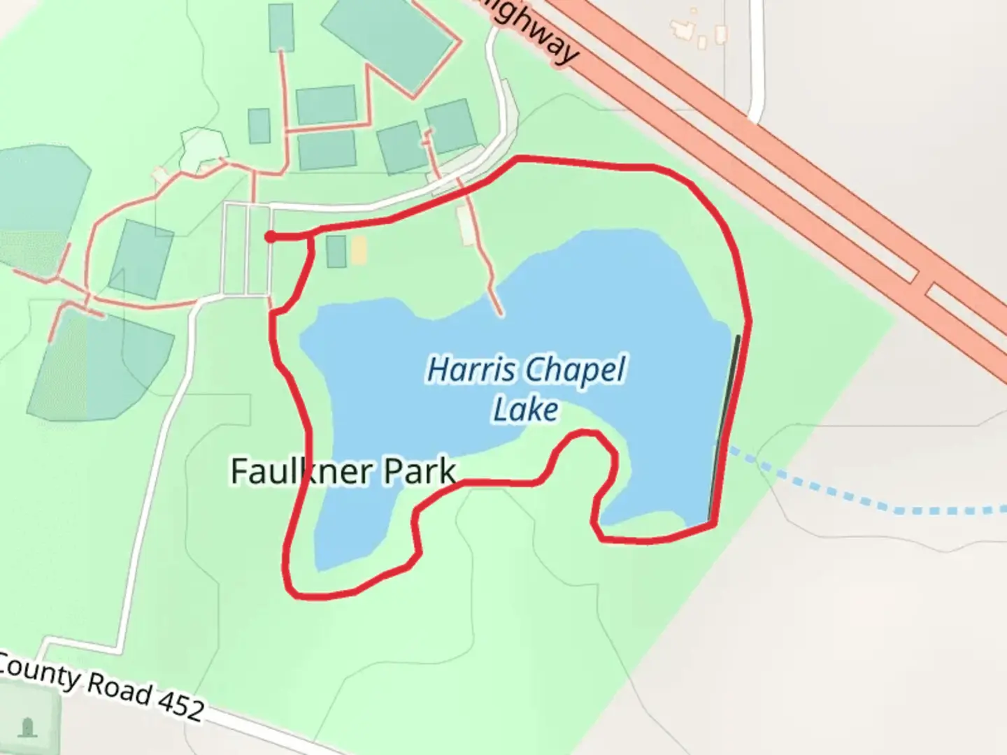 An image depicting the trail Harris Chapel Lake Loop and its surrounding area.