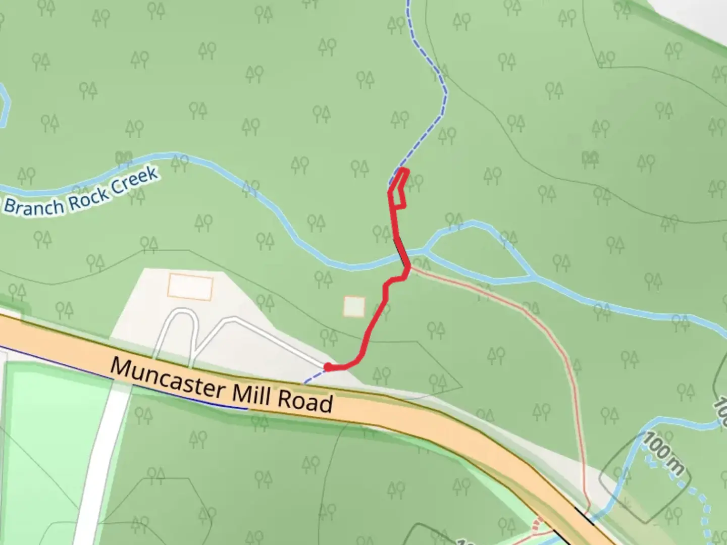 An image depicting the trail Kengla Trail from Muncaster Mill Road and its surrounding area.