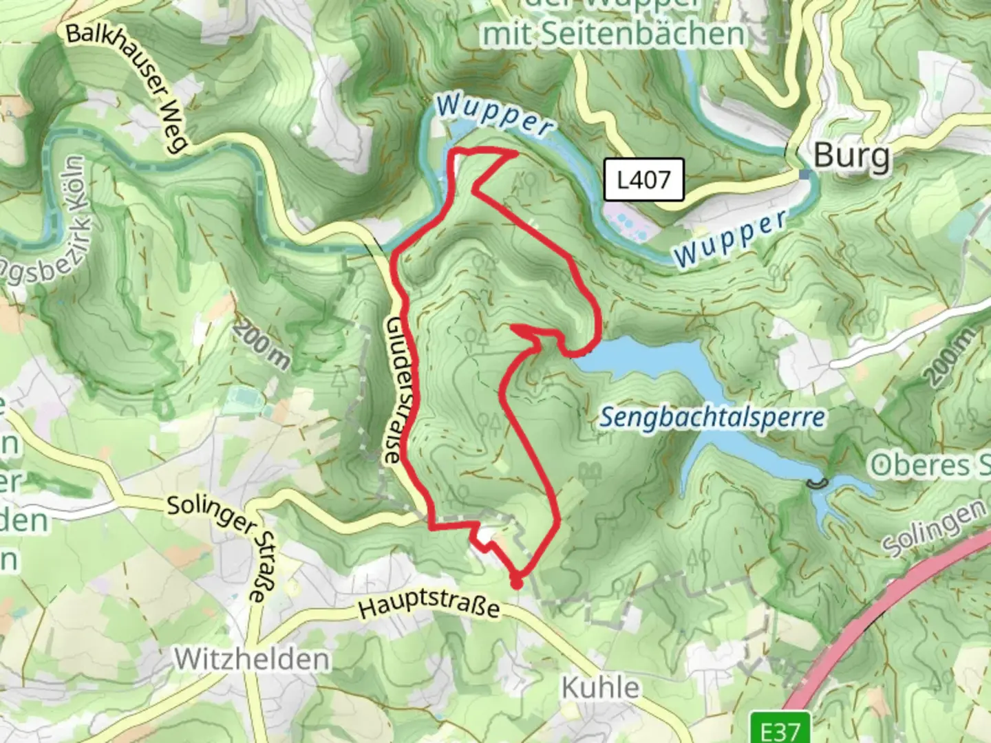 An image depicting the trail Sengbach via T Witzhelden Dorperhof and Klingenpfad and its surrounding area.